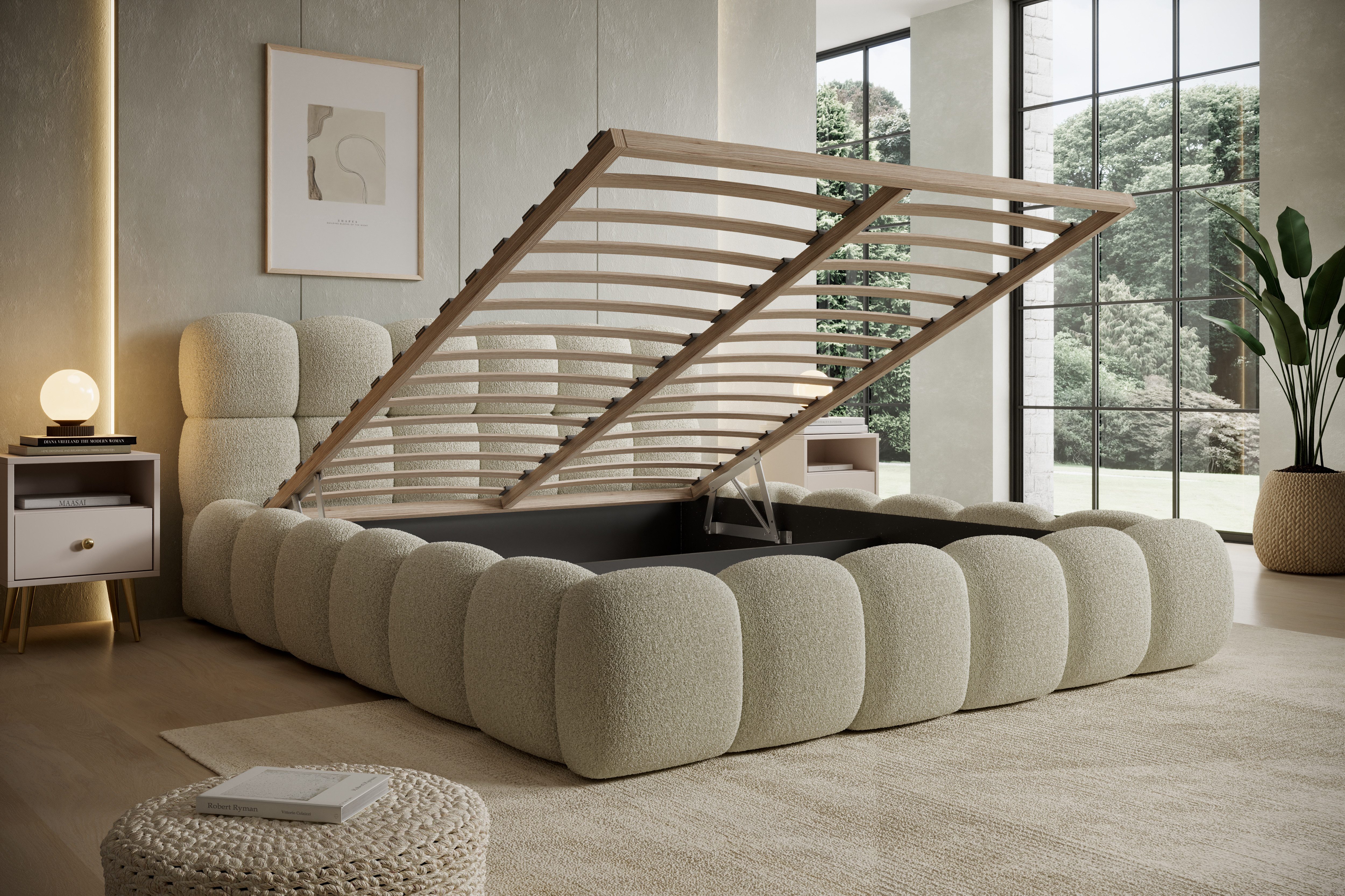 thematys Polsterbett mit Bettkasten 140x200–200x200 cm – Velours oder Bouclé Bezug – (Polsterbett in den Varianten Bouclé (Fredo), Velours (Velutto) - Wolkenbett mit XXL Kopfteil), Wolkenbett mit XXL Kopfteil)