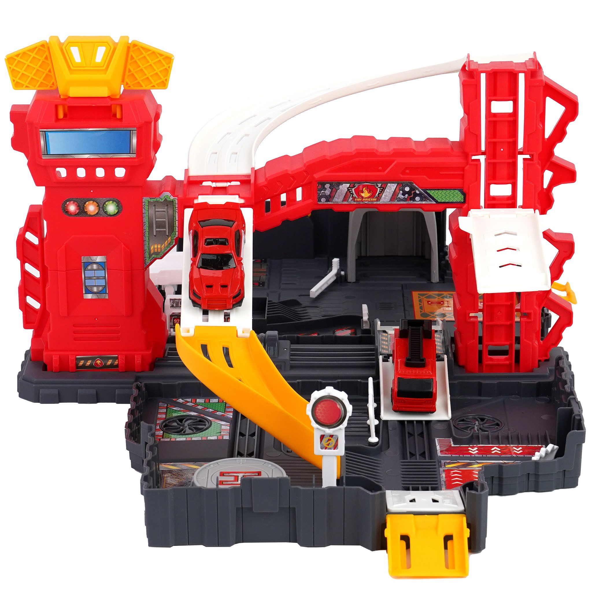 LBLA Spiel-Parkgarage Tragbare Feuerwehrauto Spielzeug, Parkhaus für Kinder ab 3 Jahren
