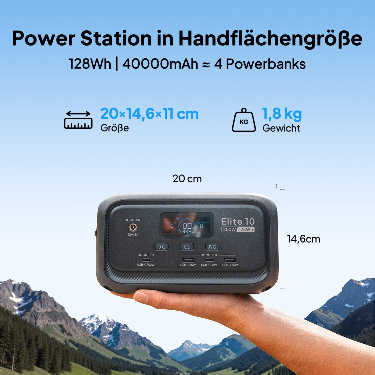 BLUETTI Stromerzeuger Elite 10 Solargenerator 200W / 128Wh Mini-Tragbare Powerstation, 0,2 in kW, (LiFePO4 Batterie mit 200W AC Steckdose, 10ms UPS Backup), Schnellladung Solargenerator für Camping, Reisen, Outdoor, Notfälle