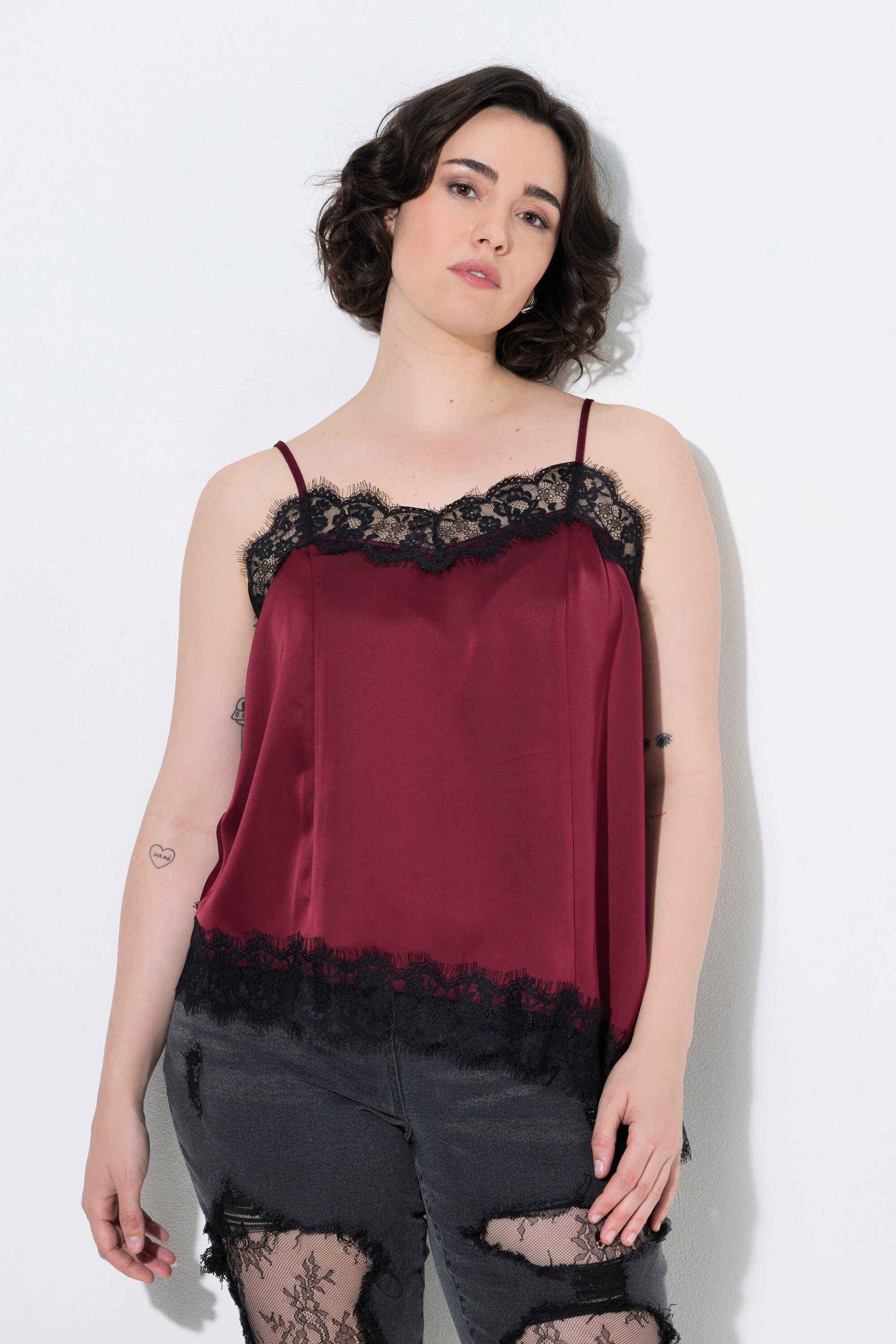 Ulla Popken Longtop Top Spitze A-Linie V-Ausschnitt Zipfelsaum