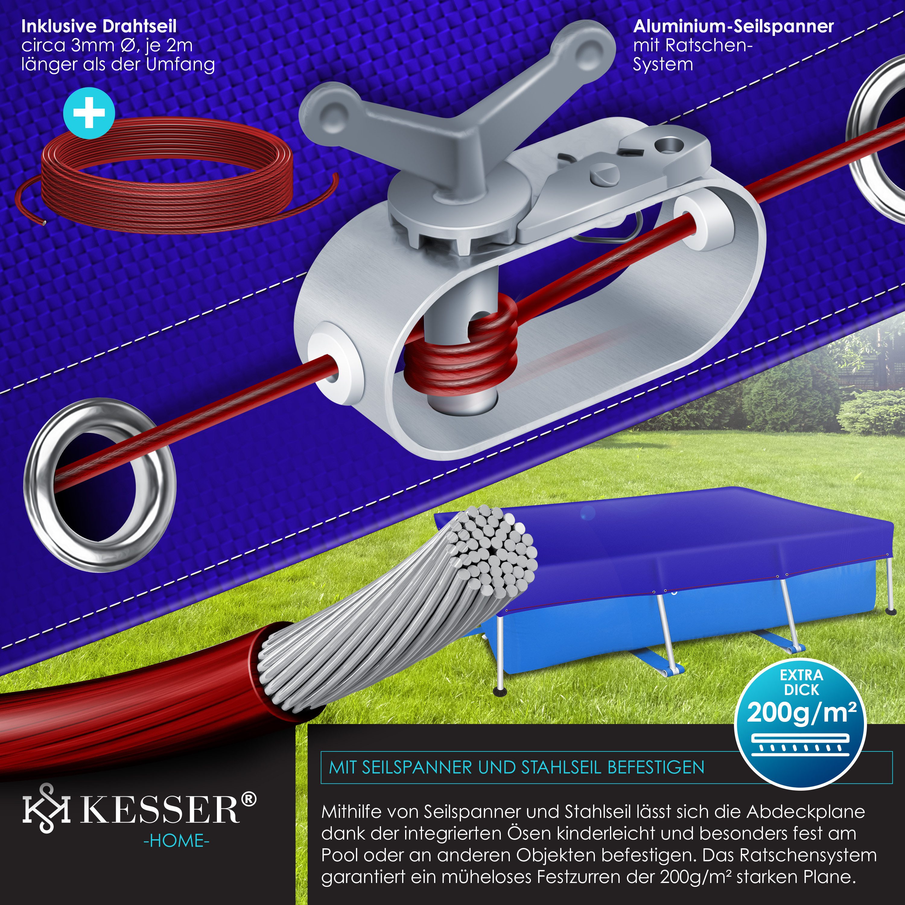 KESSER Solarabdeckplane Solar Poolabdeckung inkl. Stahlseil & Seilspanner mit Ösen, 200g/m² PE Material, UV-resistent & Wetterfest für Sommer & Winter