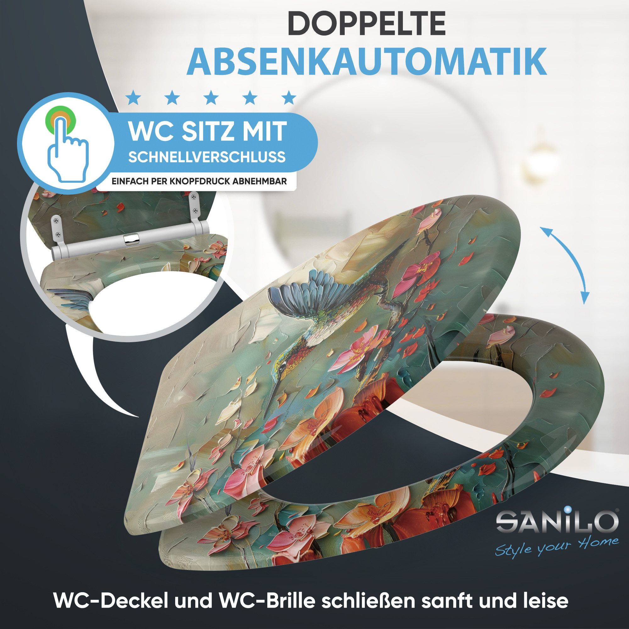 Sanilo WC-Sitz mit Absenkautomatik & Top Fix in vielen Designs, hochwertig, abnehmbar, leichte Montage von oben, mit Schraubenzieher