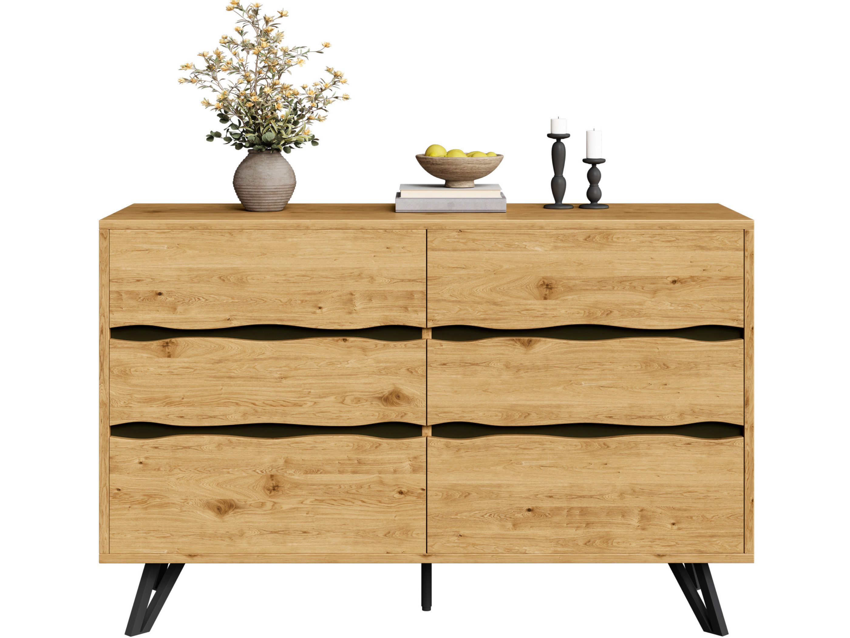 SeedWave Kommode Vintage Sideboard mit 6 Grifflosen Schubladen, Verstellbarer Mittelfuß, Beistellschrank inkl. Metallfüße, Kippschutz-Set zur Wandbefestigung