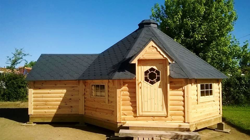 Finn Art Blockhaus Grillkota Grillpavillon 8-eckig Elegance 16,5 mit 1,8m Anbau max. 21 Personen, BxT: 453x635 cm, mit Grillanlage, mit 18 mm Fußboden