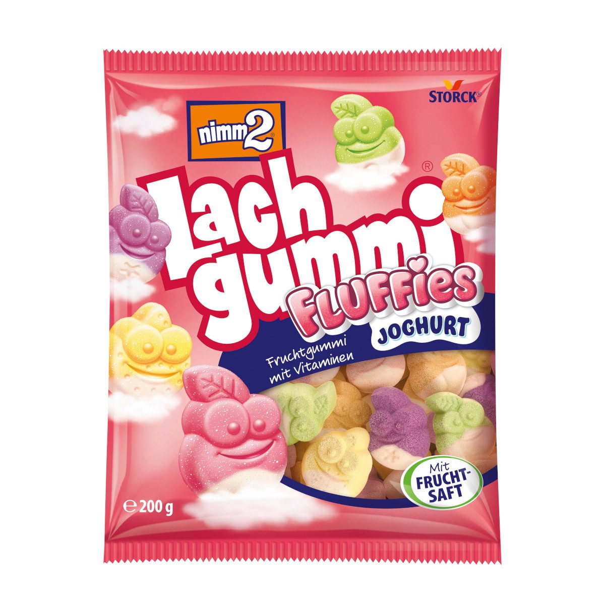 NIMM2 Süßigkeit, nimm2 Lachgummi Fluffies Fruchtgummi mit Fruchtsaft Packung 200g
