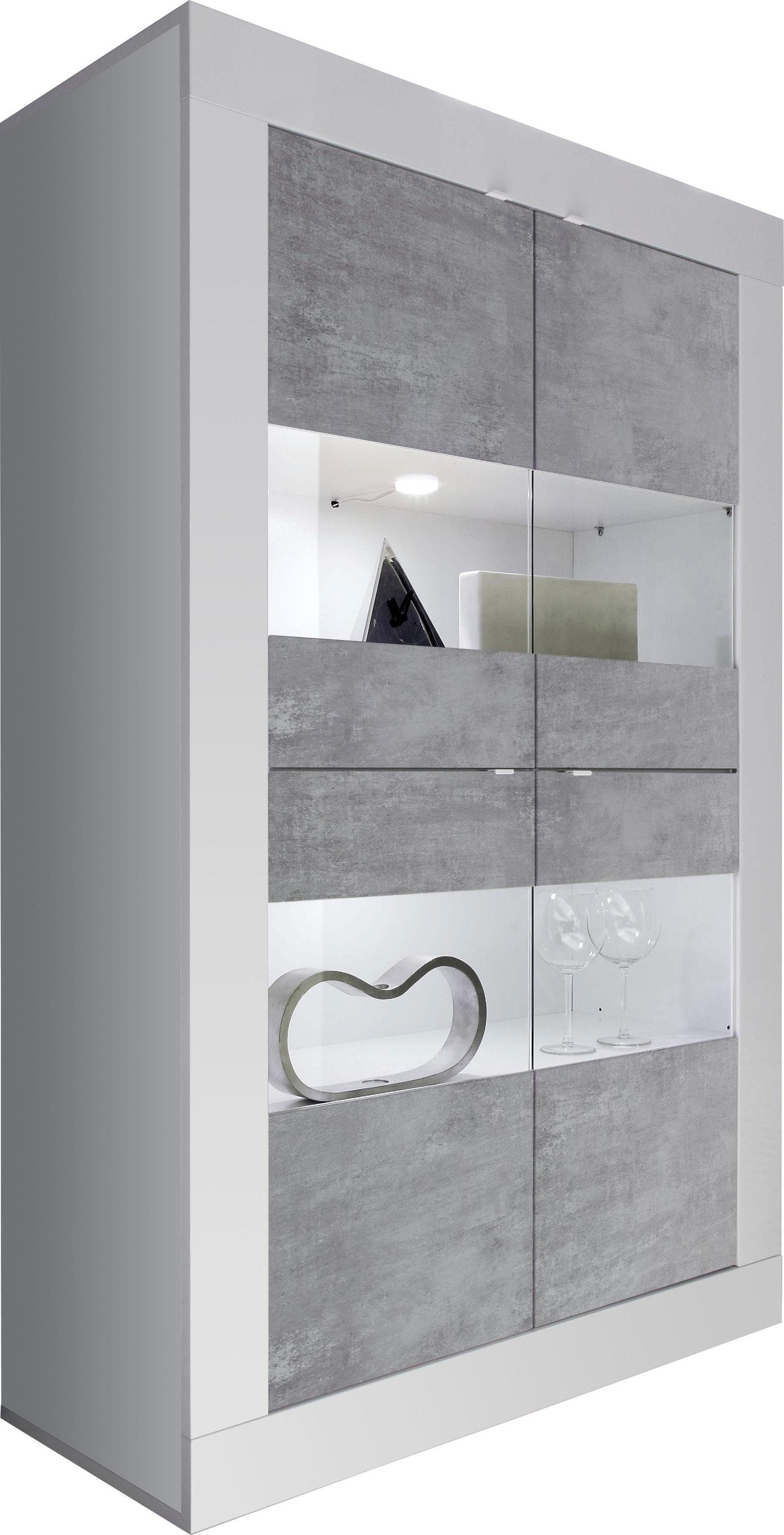 cm Lack/Beton-Optik weiß | weiß 162 Höhe Hochglanz LC Stauraumvitrine Basic,