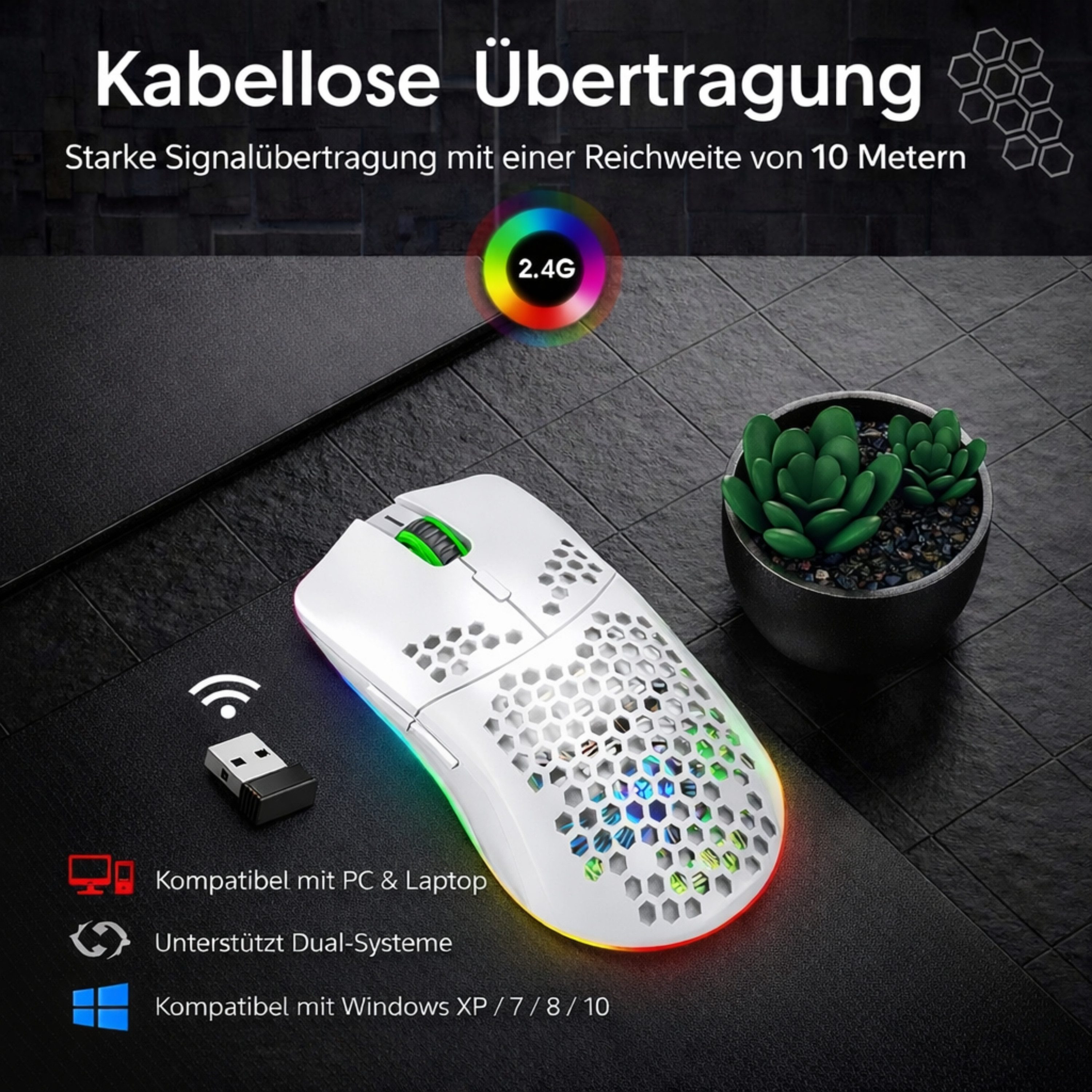 RUHE RGB Gaming Maus Kabellos Wireless Laut Maus Beleuchtung Plug & Play Gaming-Maus (Funk, 2.5G, USB-Dongel, Kabelgebunden Aufladbar, Drahtlos, Optische Maus, 3600 dpi, 10M Einstellbar DPI Schwarz Weiß 6 Tasten für Laptop/PC/Mac/Computer)