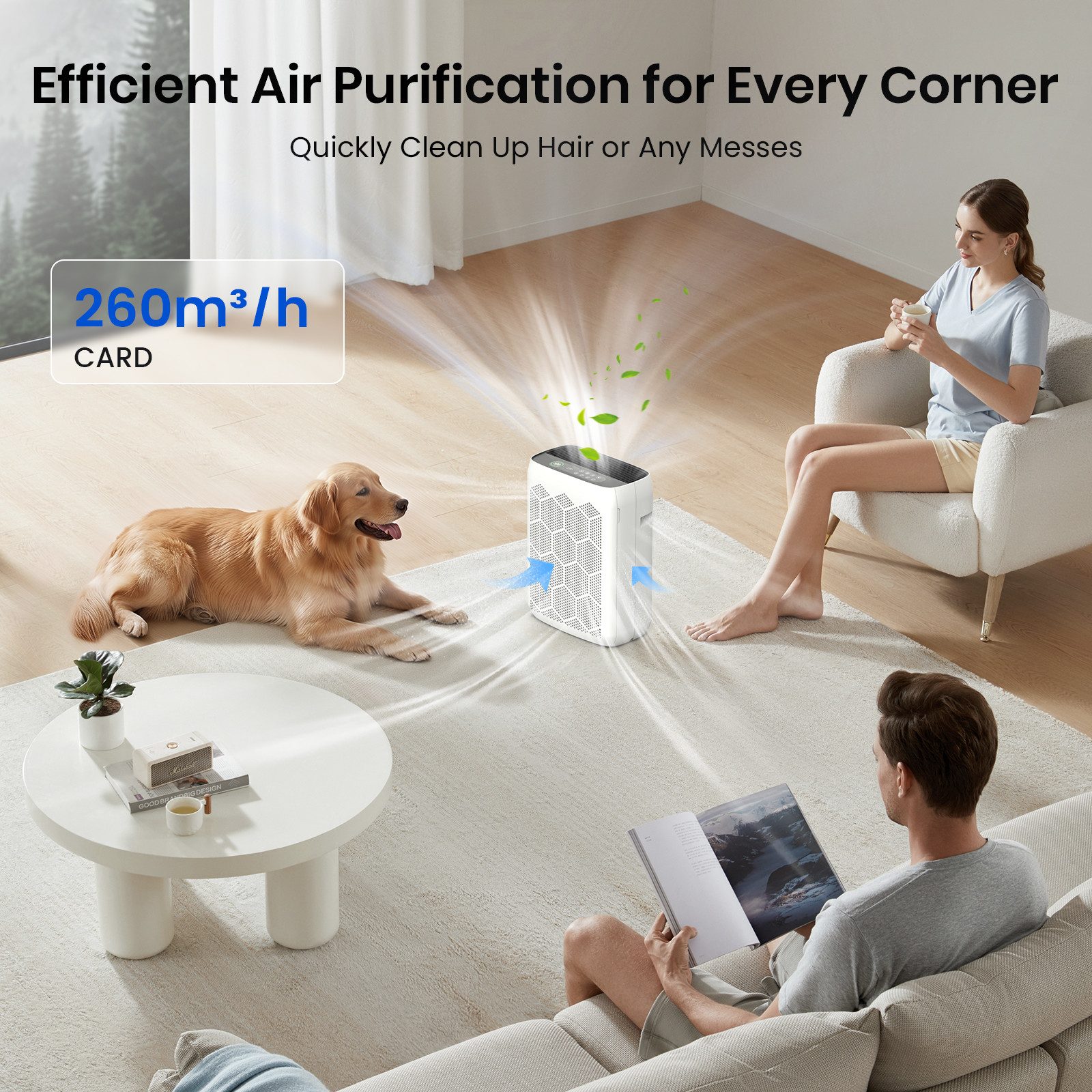 Teendow Luftreiniger Luftreiniger JH22C für Allergiker, H13 HEPA, CADR 260m³/h, PM2.5-Sensor, LED, Timer und Kindersicherung