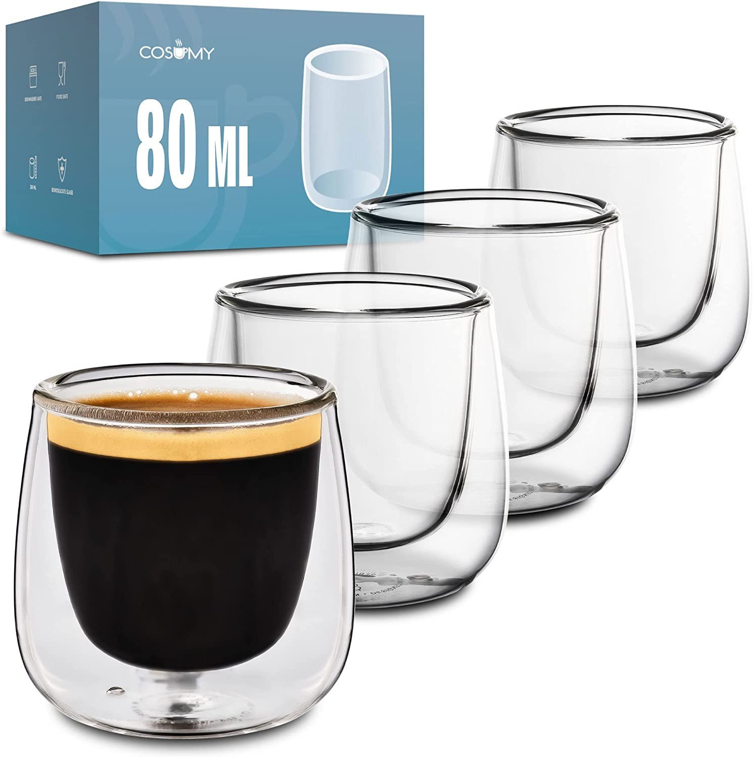 Cosumy Gläser-Set 4 doppelwandige Espressogläser 80ml, Glas, Doppelwandige Gläser - Mundgeblasen - Borosilikatglas