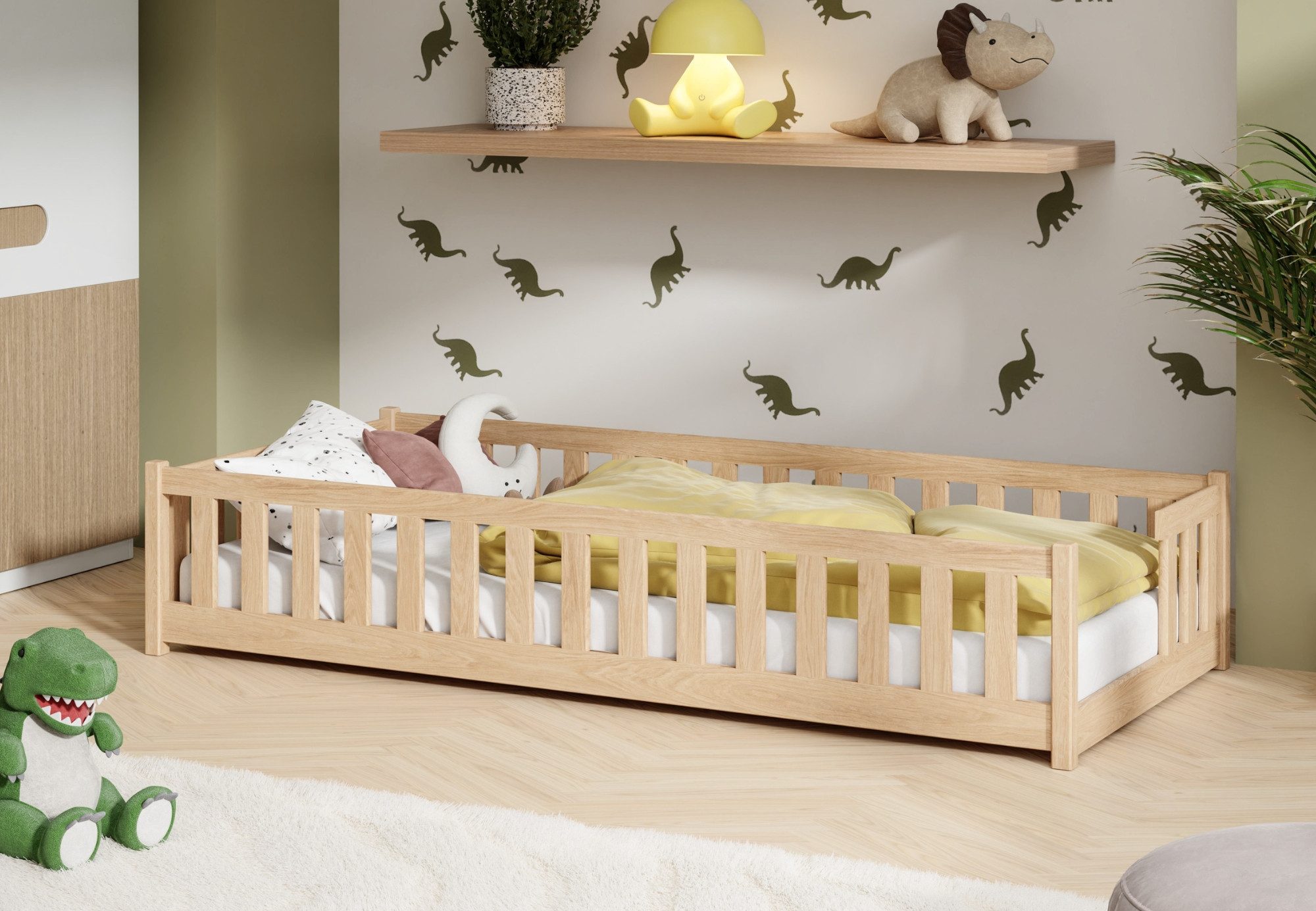 Kids Collective Kinderbett Bodenbett mit Rausfallschutz & Lattenrost Montessori Betten Kinder (Verfügbare Größen: 80 x 160, 80 x 180, 90 x 190, 90 x 200, 120 x 200, 140 x 200 cm), Jugendbett Einzelbett Kiefer Natur 90x200 cm