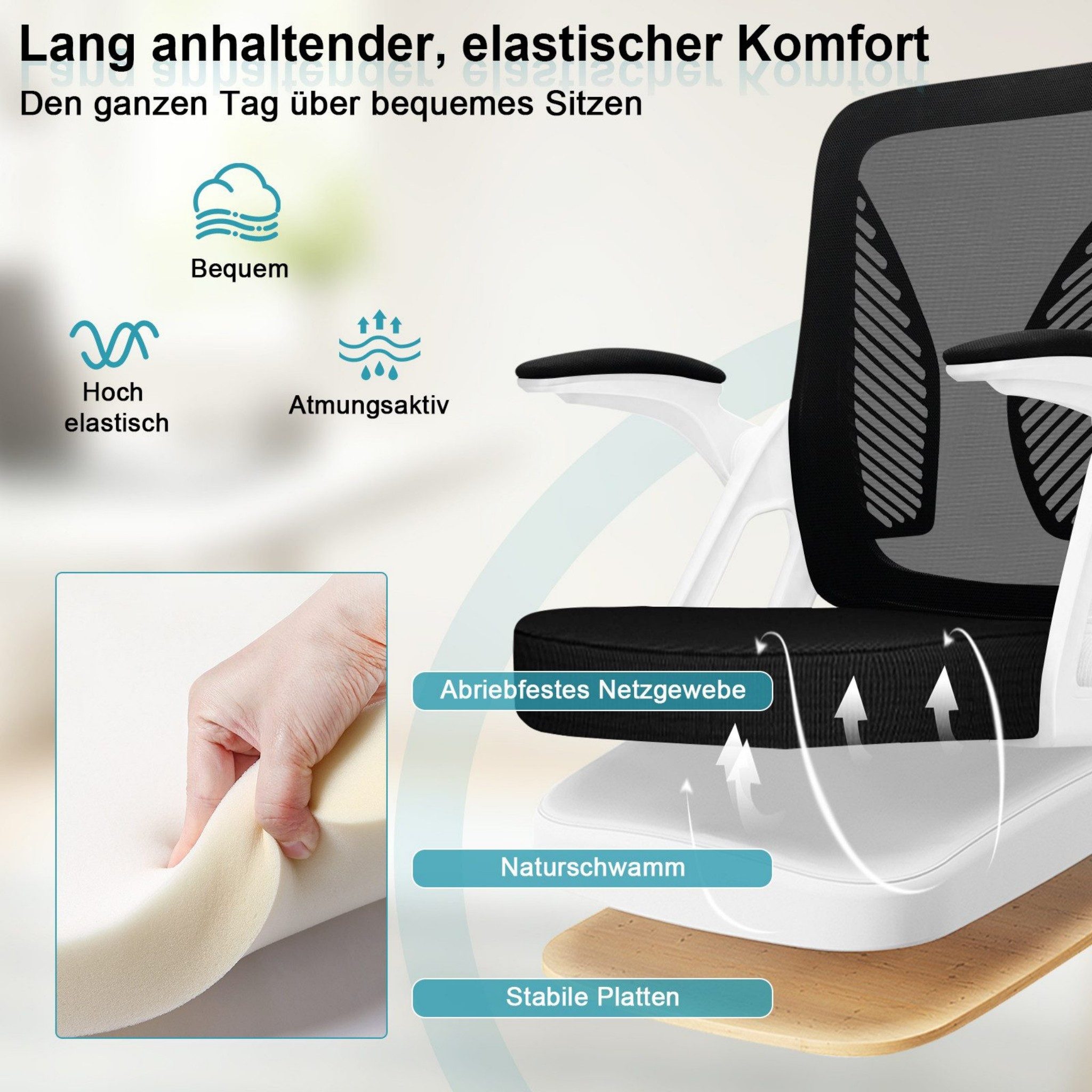 Milacyee Bürostuhl Ergonomischer Bürostuhl mit 90° klappbaren, gepolsterten Armlehnen (Höhenverstellbarer Atmungsaktiv Chefsessel mit geräuscharmen Rollen,Drehs – Bild 4 von 5
