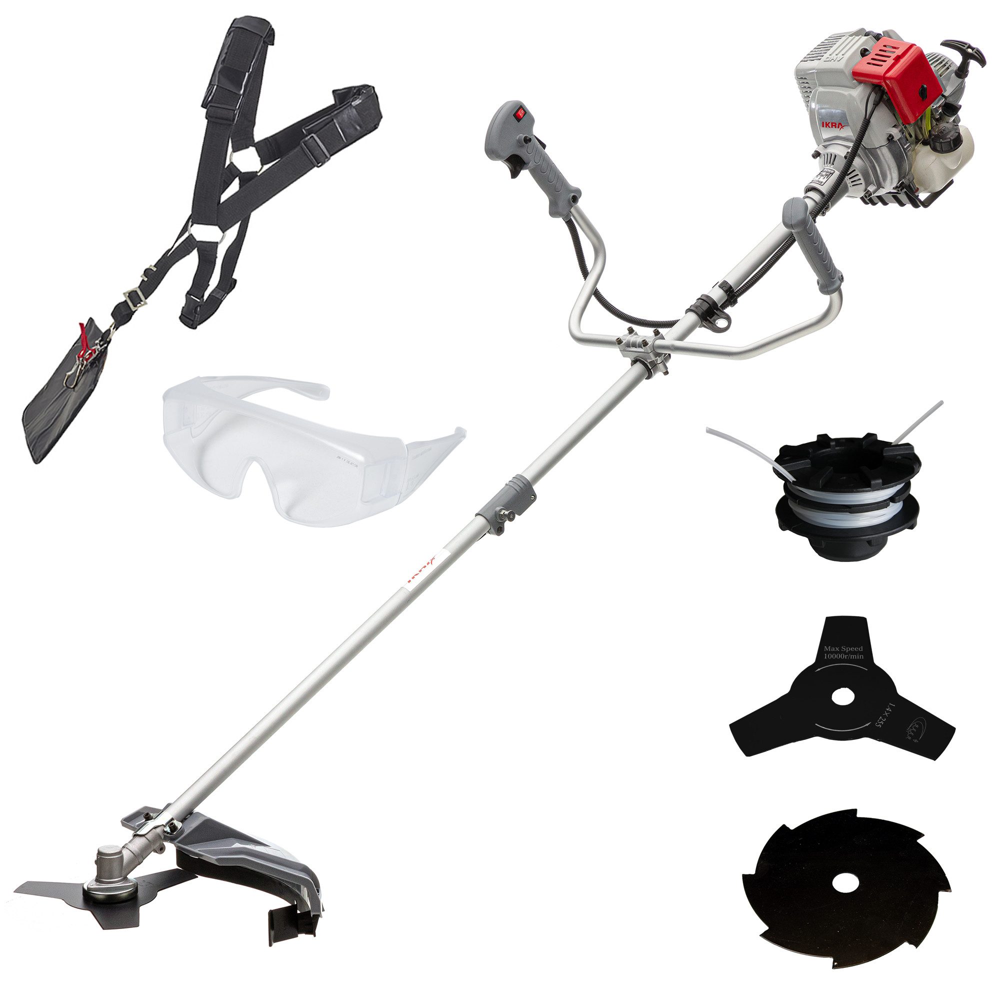ikra GmbH Benzin-Freischneider IBF 31-4, 25,5 cm Arbeitsbreite Messer, 43 cm Arbeitsbreite Faden, (mit 8-Zahn-Messer & Schutzbrille), inkl. Fadenspule, Schultergurt, 3- & 8-Zahn-Messer & Schultergurt