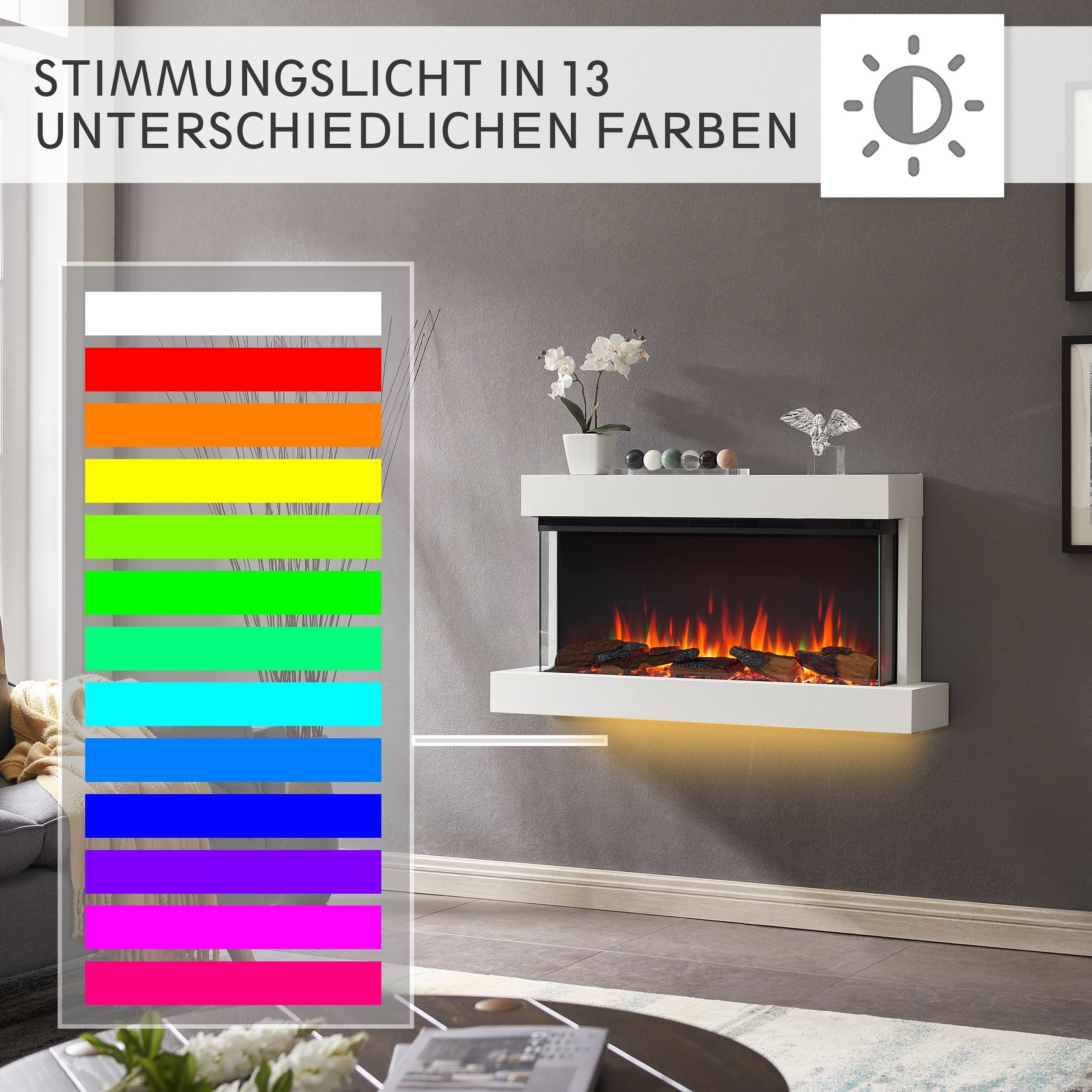 LED, Timer, 3D-Flammeneffekt, Wandkamin Fernbedienung, Stand- 1500W, Thermostat App, mit RICHEN Achilles, Heizung Elektrokamin