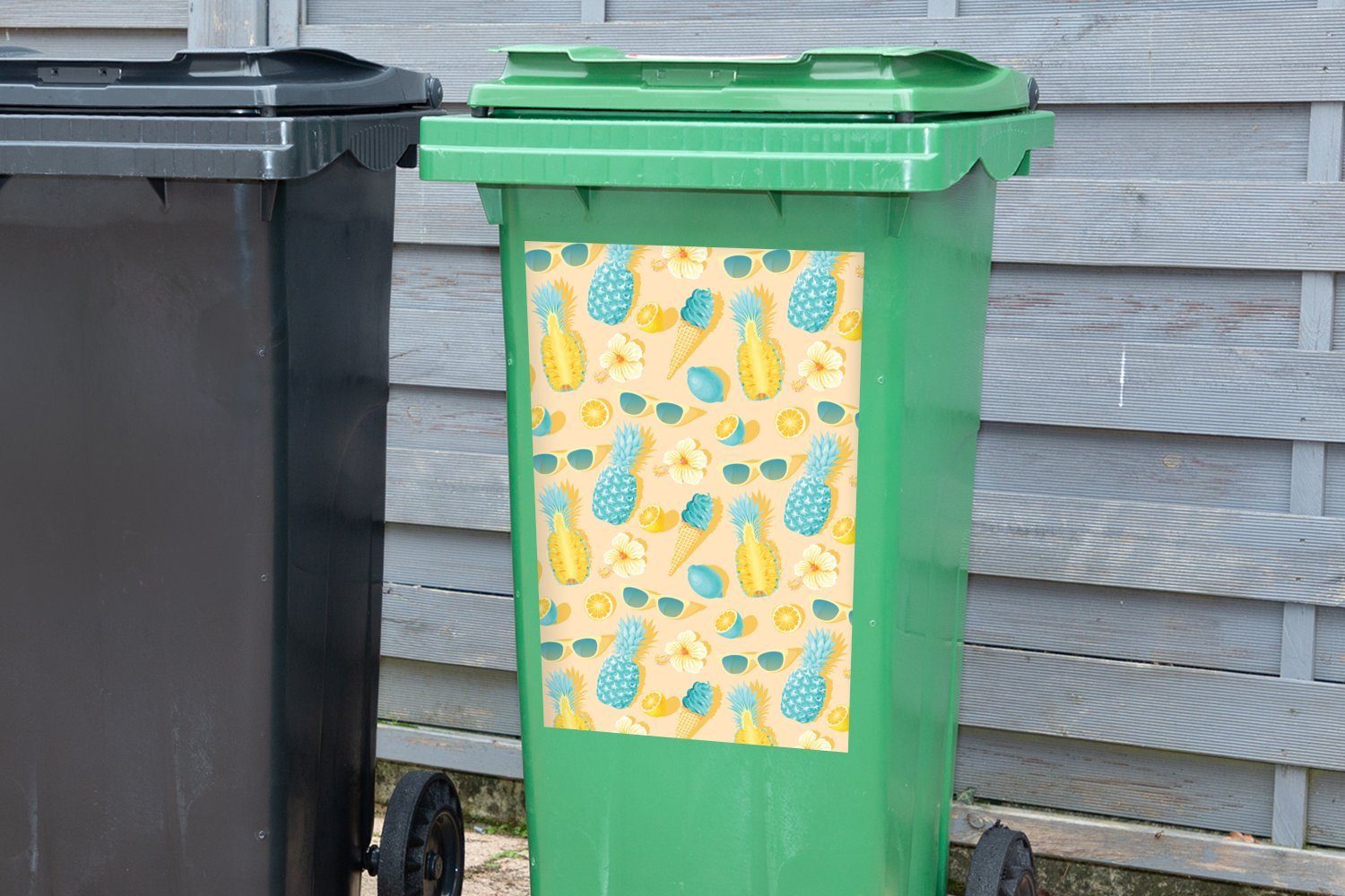 St), Ananas - Muster (1 Wandsticker MuchoWow Sonnenbrille Mülleimer-aufkleber, Mülltonne, Sticker, - Sommer Abfalbehälter - Container,