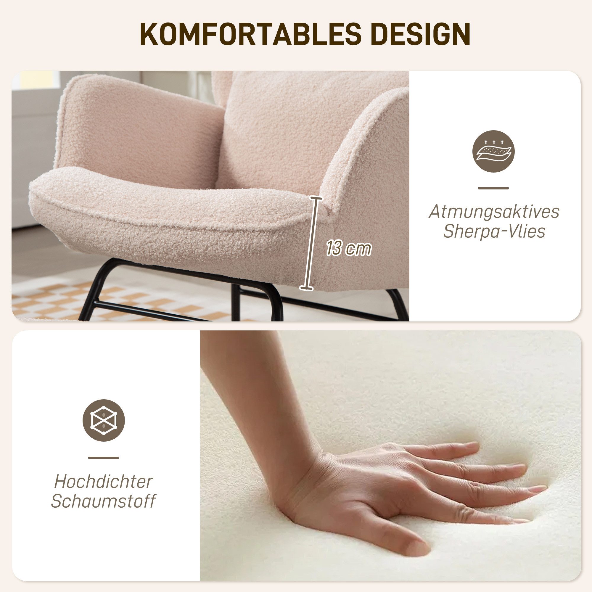 HOMCOM Schaukelsessel Schwingsessel mit Lendenkissen, Kopfstütze, Relaxsessel (Schwingstuhl, 2-St., Schaukelstuhl und Fußhocker), Stillsessel für Wohnzimmer, Sc – Bild 5 von 5