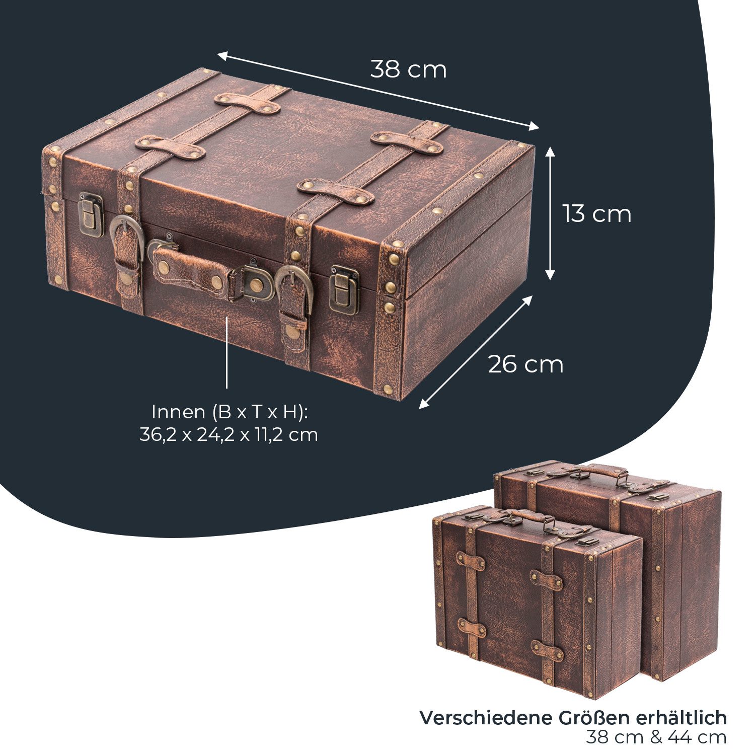 HMF Aufbewahrungsbox Vintage Koffer Holz, Aufbewahrungsbox mit Deckel und Ledergriff als, und Geschenkidee für Hochzeit oder Geburtstag, Klassik 38 x 26 x 13 cm – Bild 5 von 5