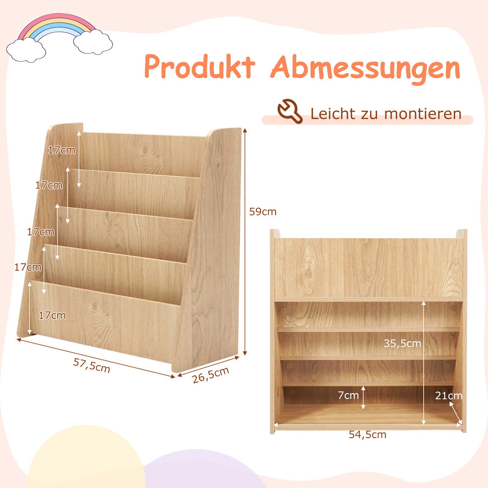 COSTWAY Kinderregal, mit 4 Fächern, Aufbewahrungsregal, Holz, Trapezstruktur
