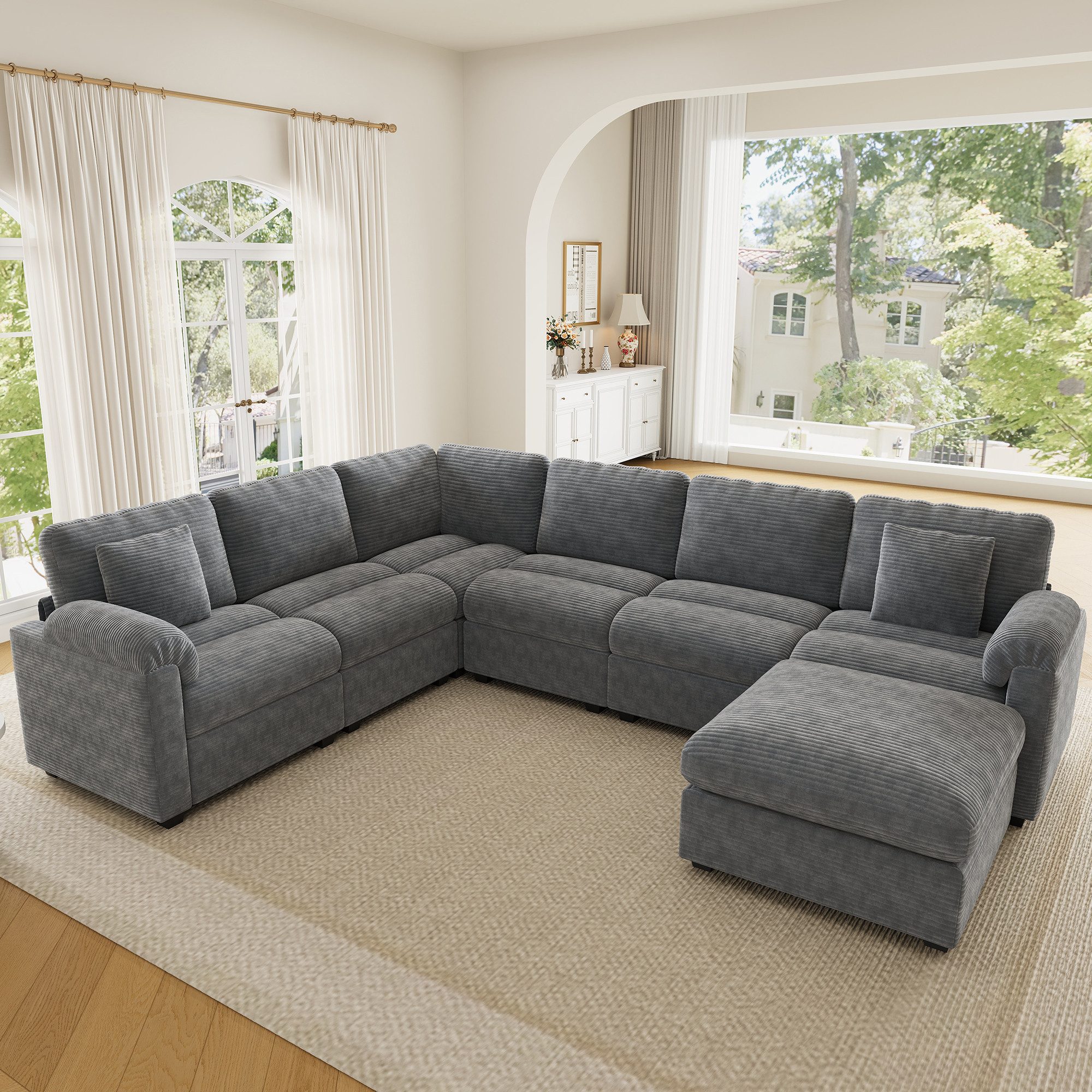 i@home Ecksofa U‑förmiges / L‑förmiges XXL‑Modul‑Ecksofa, Siebensitziges Cord‑Sofa mit Kissen, separatem Hocker, grau/beige
