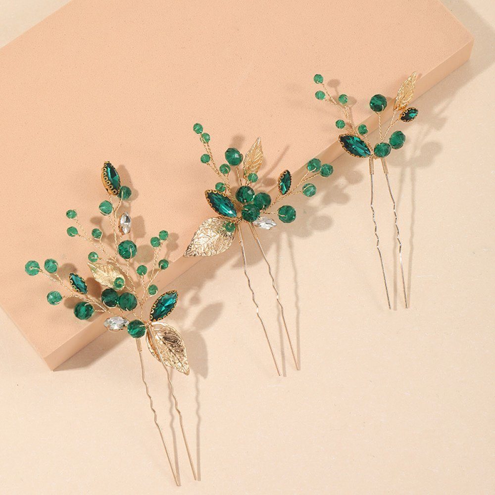 in Blatt-Haarnadel für Braut (3-tlg) WaKuKa die U-Form Diadem Handgefertigte smaragdgrüne