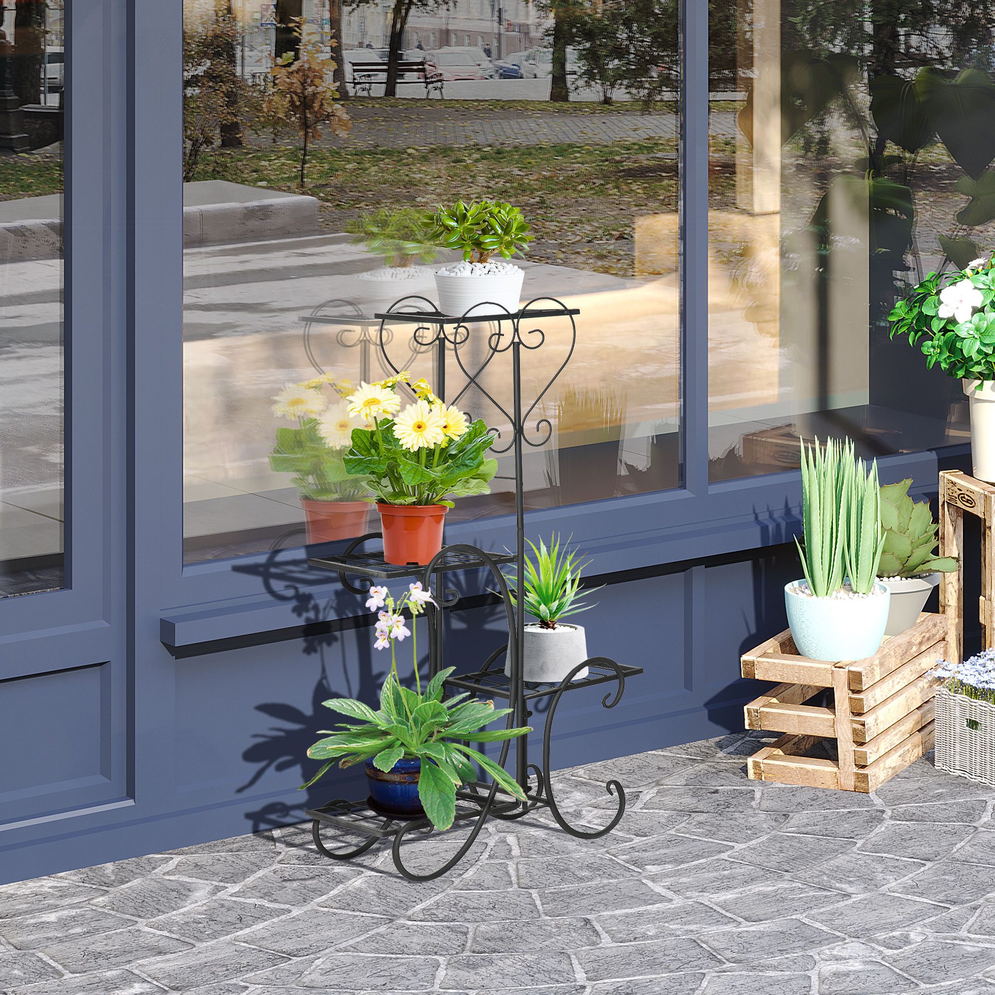 Outsunny Pflanzentreppe Blumenständer Blumenregal aus Metall 4-Ebenen für innen und außen (Blumentreppe, 1 St., Pflanzenregal), für Garten, Balkon, Schwarz