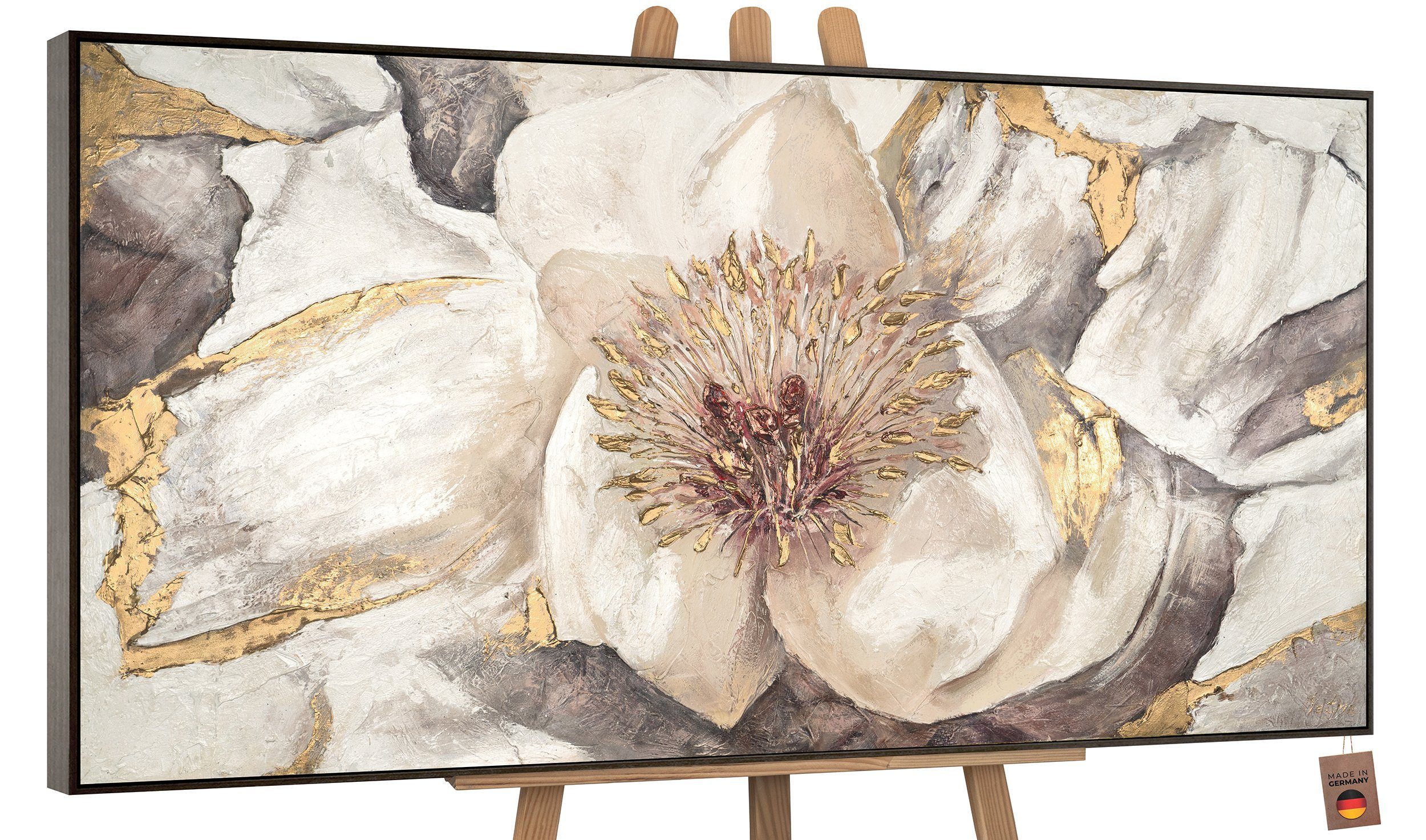 YS-Art Gemälde Malve, Blumen, Gold Weiß Blume Leinwand Bild Handgemalt Mit Rahmen in Grau