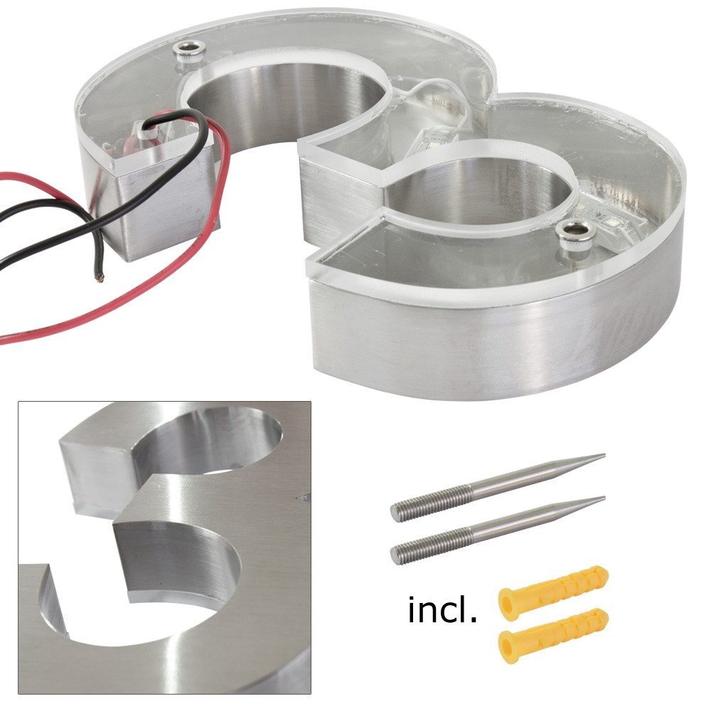 V2Aox Hausnummer LED 0 Beleuchtete Hausnummer Edelstahl 18cm Weiß Arial 12 V ohne Trafo