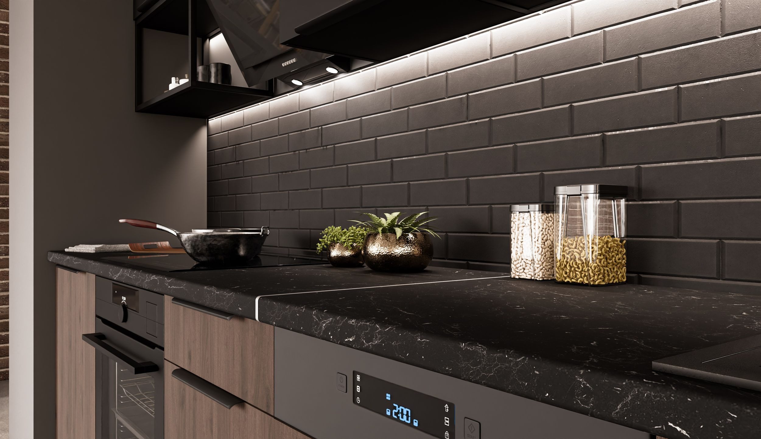 Küchen-Preisbombe Küchenzeile MONZA + SIENA BASIC LOFT 280 Küchenblock Küche Nussbaum Schwarz matt