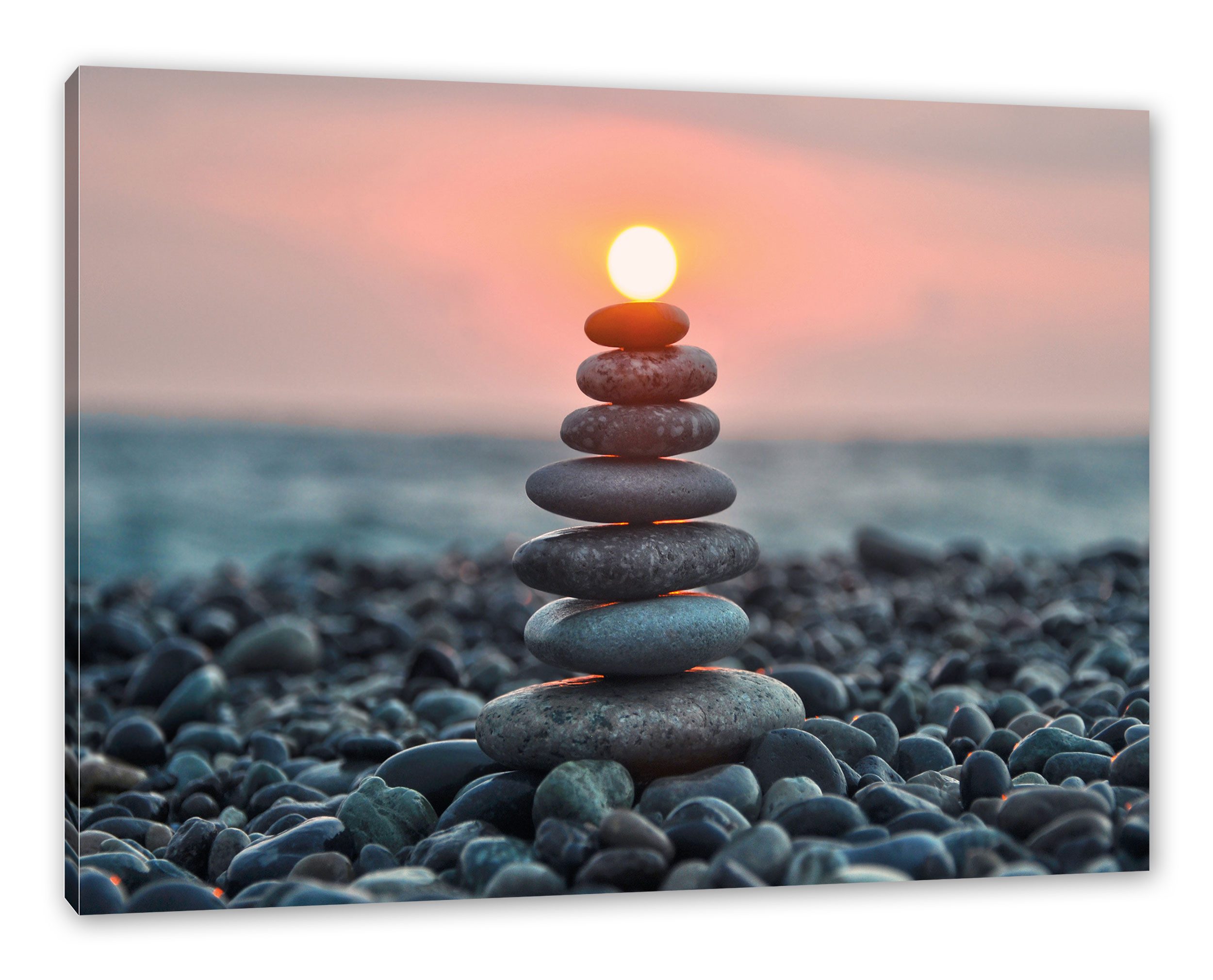 Pixxprint Leinwandbild Kieselsteinpyramide im Sonnenuntergang, Kieselsteinpyramide im Sonnenuntergang (1 St), Leinwandbild fertig bespannt, inkl. Zackenaufhänger