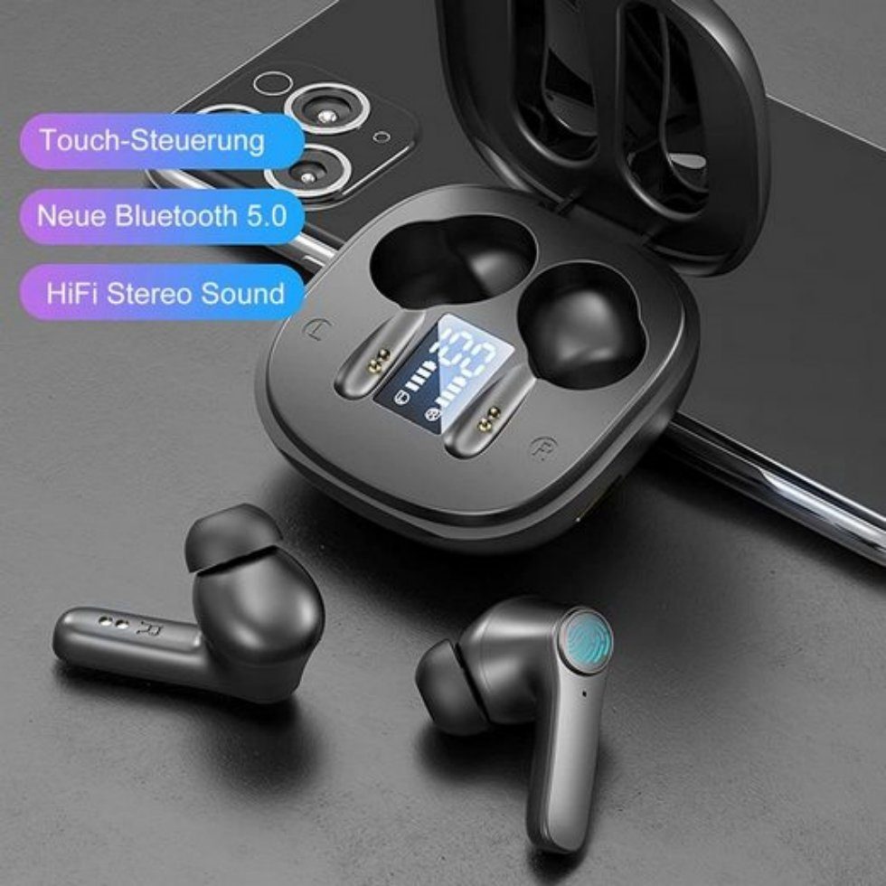 LED Wireless Kopfhörer OKWISH Anrufe Voice Wireless, Schwarz Bluetooth-Kopfhörer HiFi Headset für Assistant, Ladestandsanzeige, Earbuds Bluetooth Ohrhörer Musik, Wasserdicht, Touch) Stereo (True Bluetooth, Steuerung und