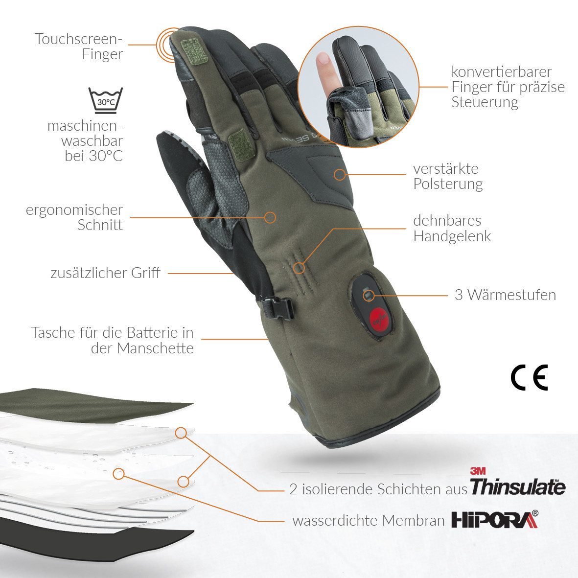 30seven Angelhandschuhe Schießen, Jagd - beheizte Thinsulate Handschuhe - Khaki 7,4V Set inklusive Akku & Ladegerät