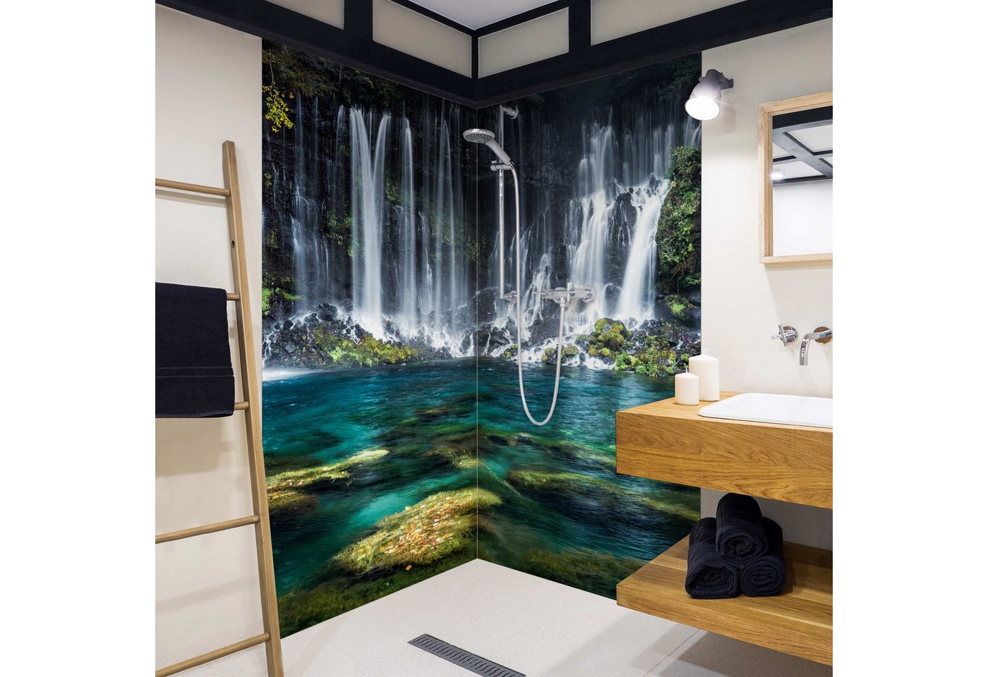 Thumbnail - Bilderdepot24 Duschrückwand Wasserfall petrol Duschrückwand ohne Bohren Wald Natur, (2-tlg., 0,61 mm starke Folie selbst...