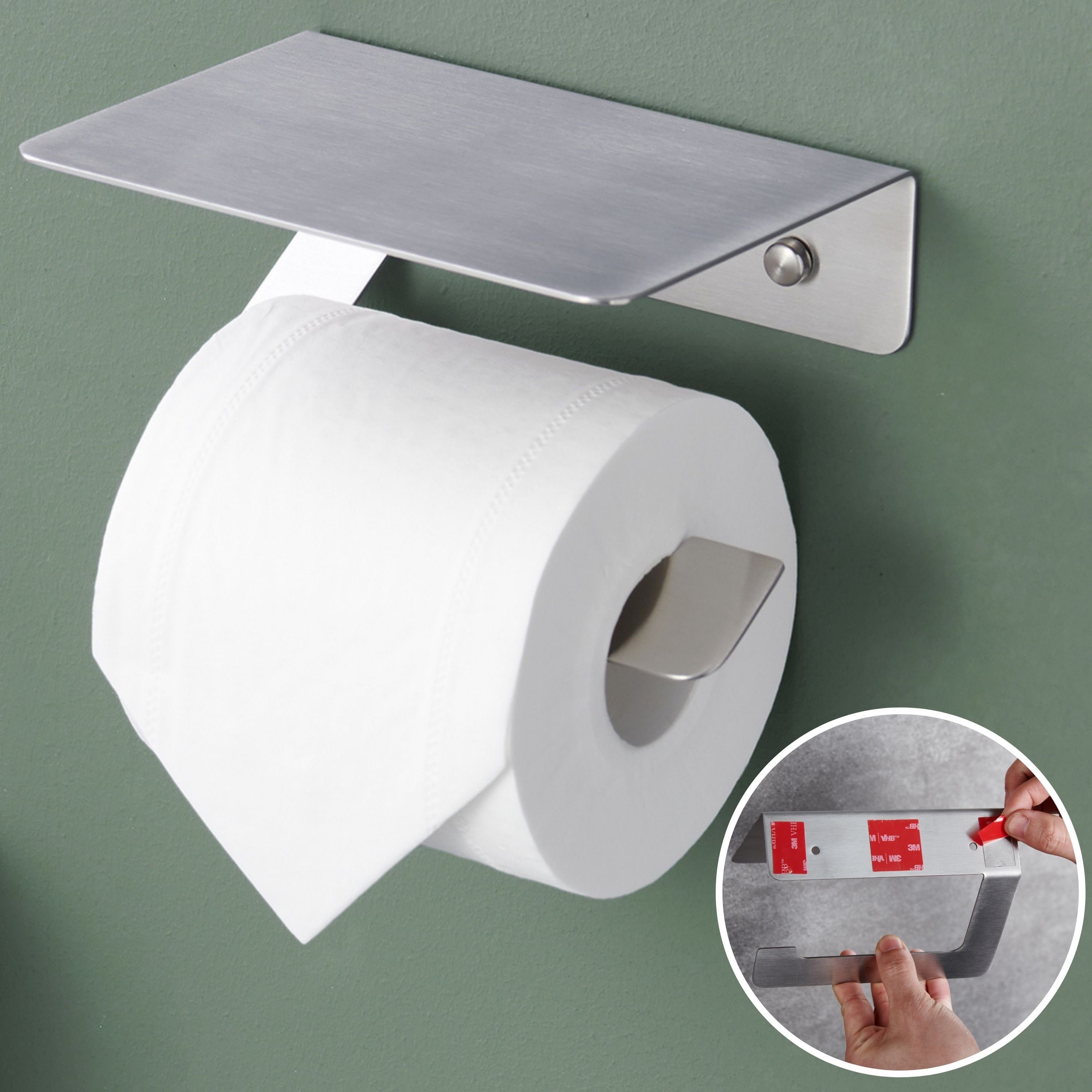DEKAZIA Toilettenpapierhalter, Klopapierhalter schwarz oder Edelstahl mit Ablage, Kleben oder Bohren edelstahl gebürstet