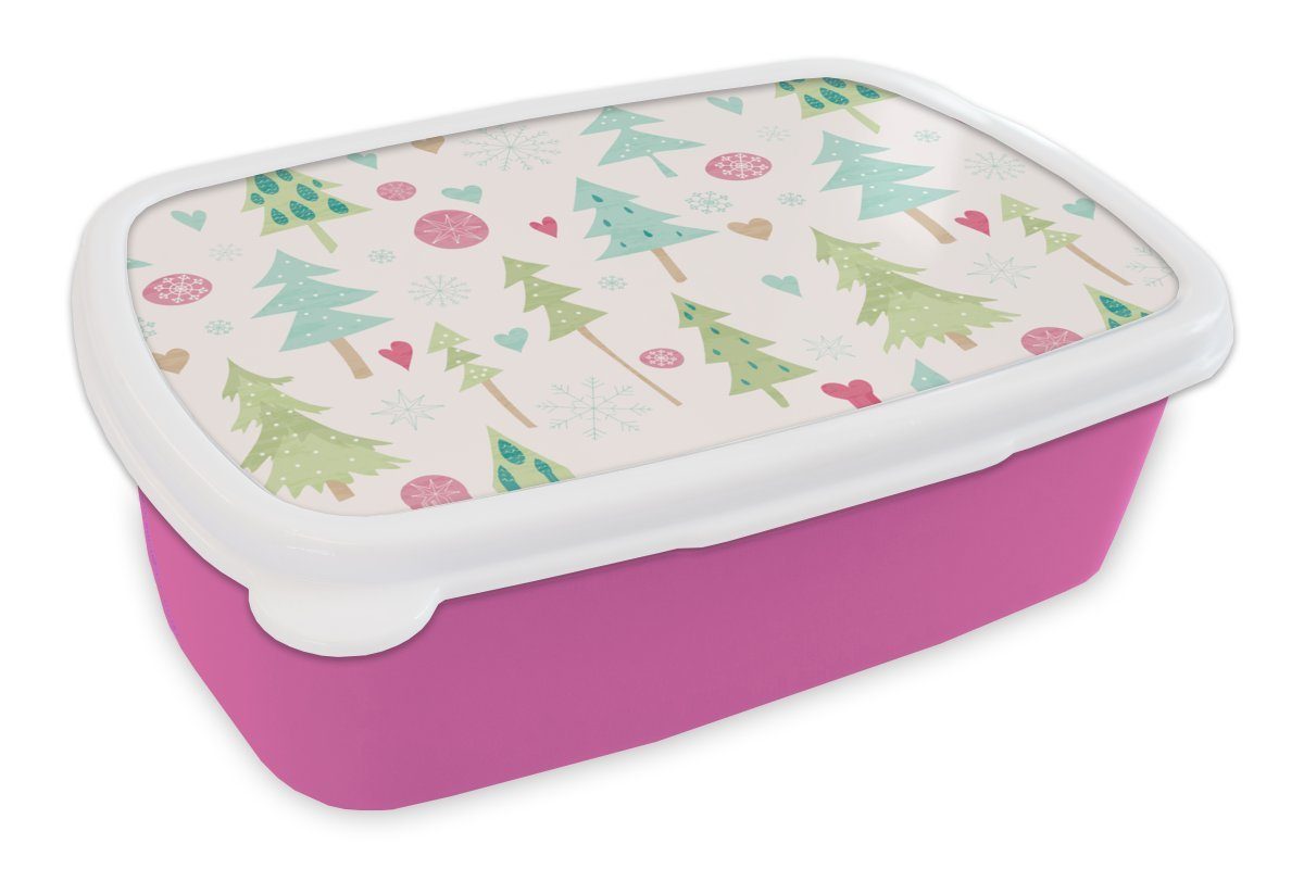 - Muster - Winter für Schnee Brotdose Kunststoff Snackbox, Mädchen, - Pastell, Brotbox Kinder, rosa Kunststoff, (2-tlg), MuchoWow Lunchbox Wald Erwachsene, -