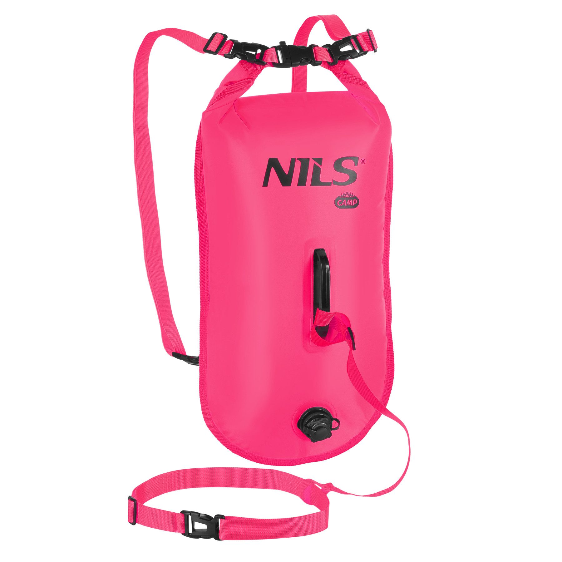 NILS CAMP Boje aufblasbare Schwimmboje Schwimmhilfe Freiwasserschwimmen, 3-in-1 Design: Schwimmboje, 28-Liter Dry Bag und Rucksack