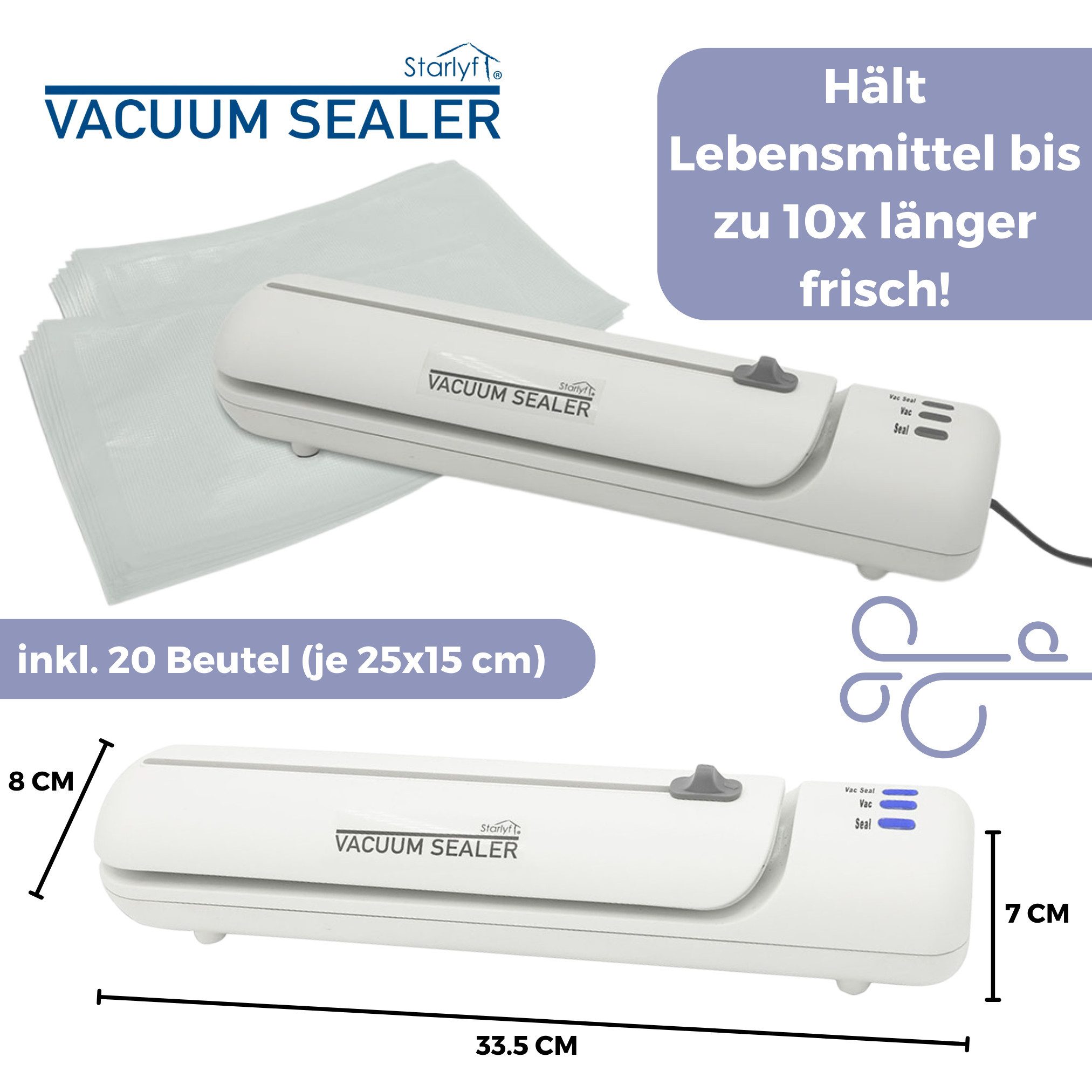Starlyf Vakuumierer Vacuum Sealer, Rollenbreite 20 cm, 140,00W, Vakuumiergerät inkl. 20 Beutel & Rezepte (einzeln oder im Spar Set)