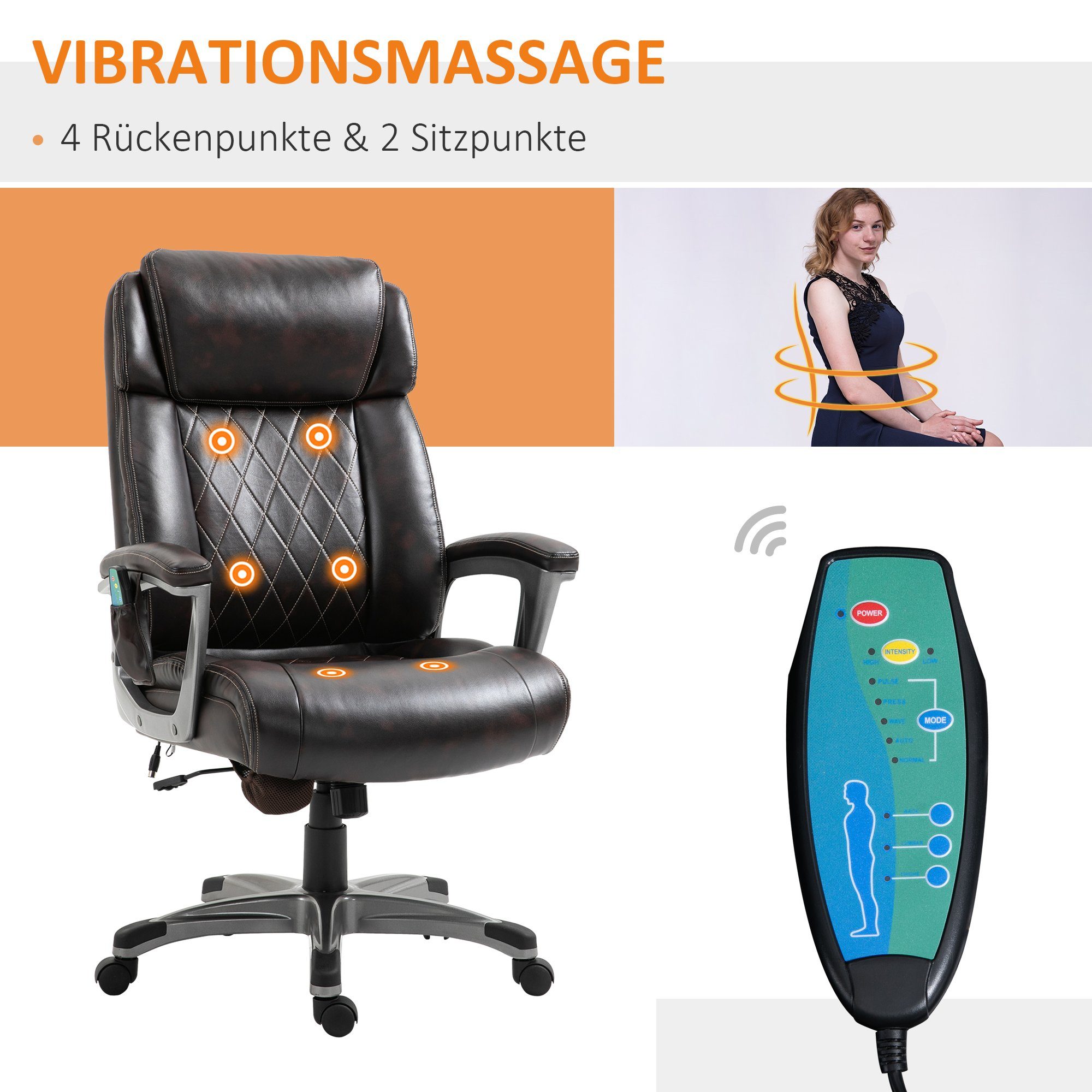 aus Braun 1 | (Massage-Office-Sessel, Braun 6-Punkt-Massage-Drehstuhl braun Kunstleder Massage-Bürostuhl braun Schreibtischstuhl | St), Vinsetto Massage-Bürostuhl