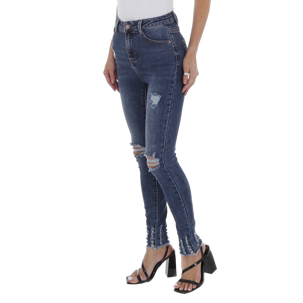 High Waist Skinny-fit-Jeans Damen Blau in Stretch Destroyed-Look Ital-Design Freizeit Jeans