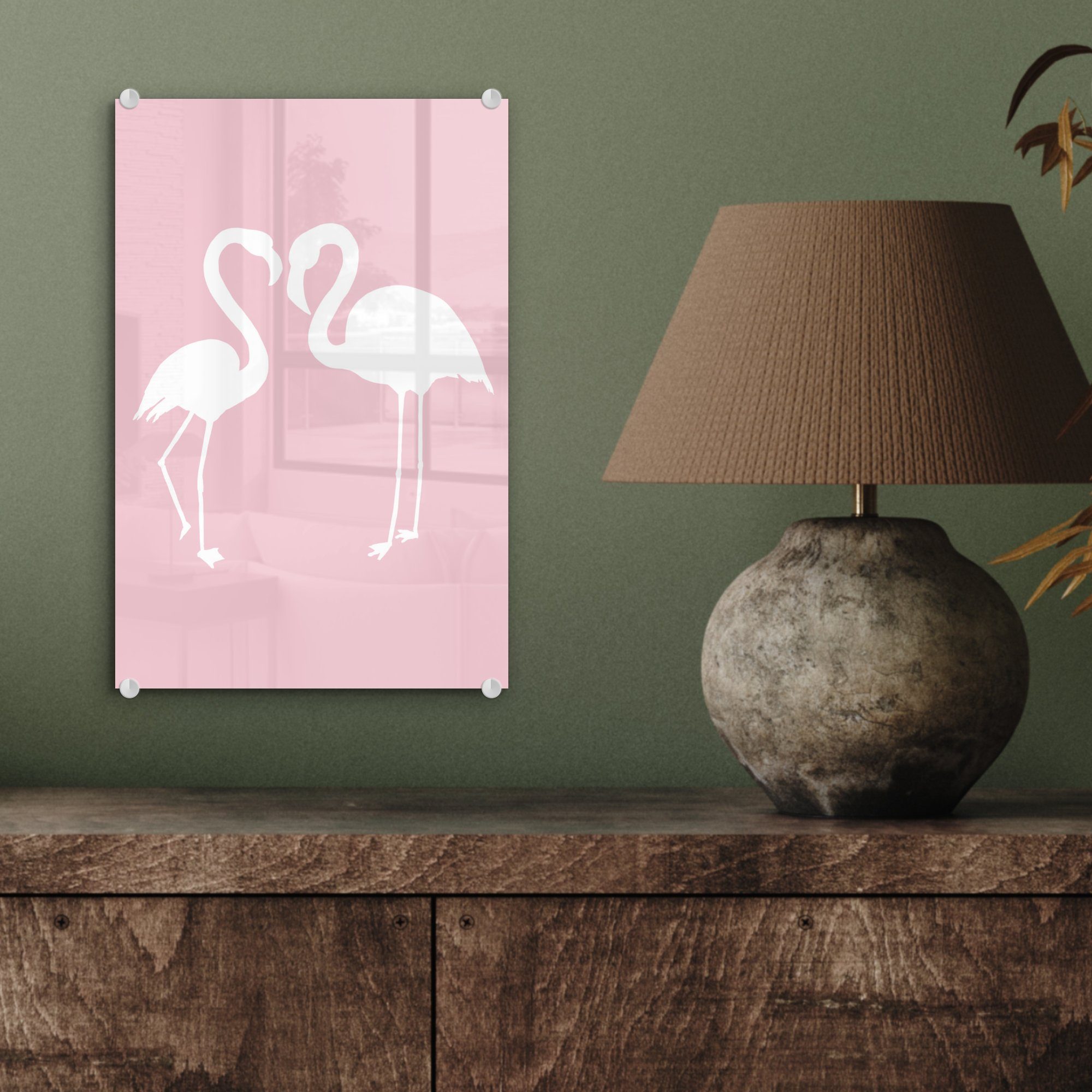 Herz Glas auf Rosa (1 Bilder - St), Flamingo, Wanddekoration - MuchoWow Acrylglasbild - Foto bunt Wandbild Glas - Glasbilder auf -