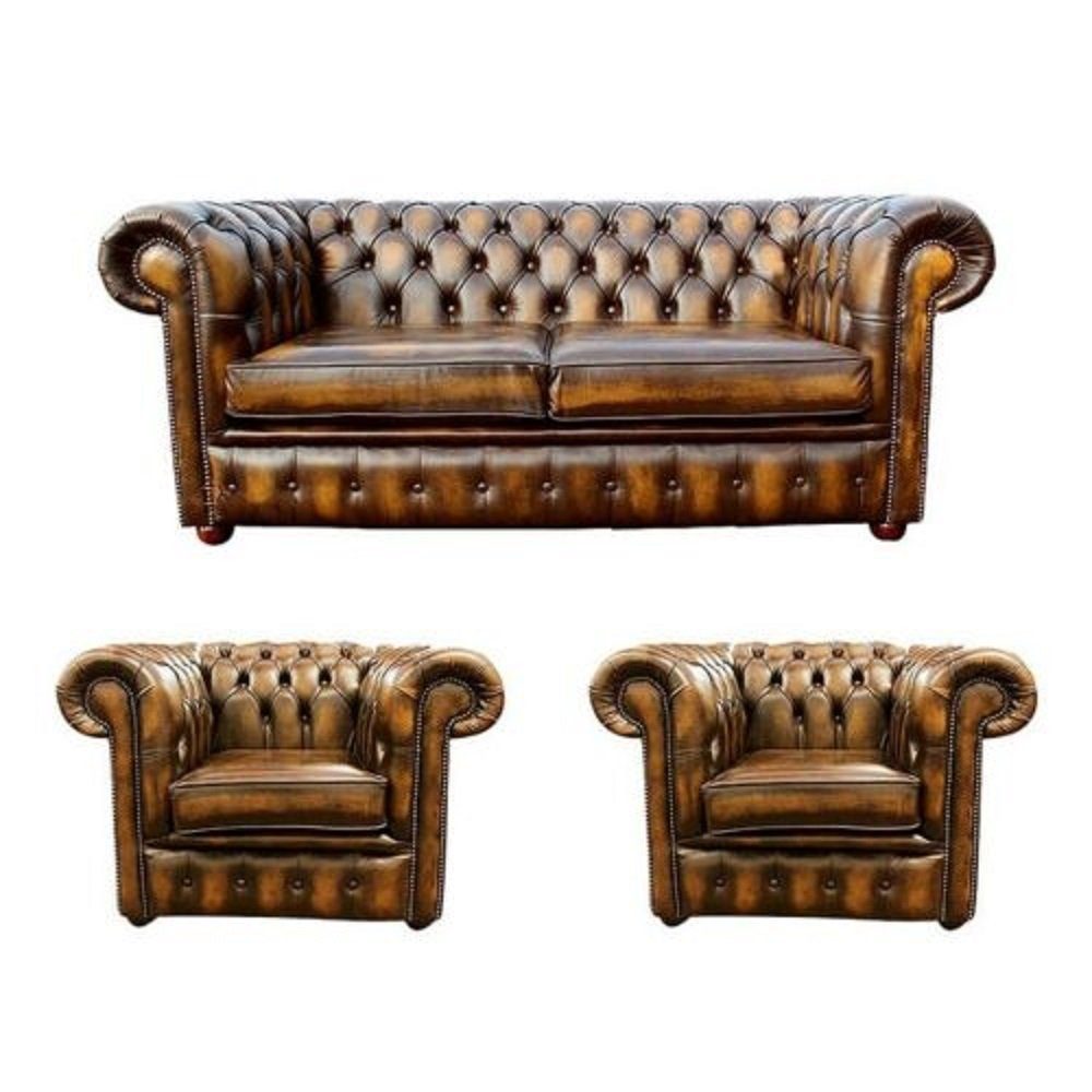 JVmoebel Sofa Braune Chesterfield Ledersofa Garnitur 2+1+1 Couch Stoff Polster Sofa, Made in Europe