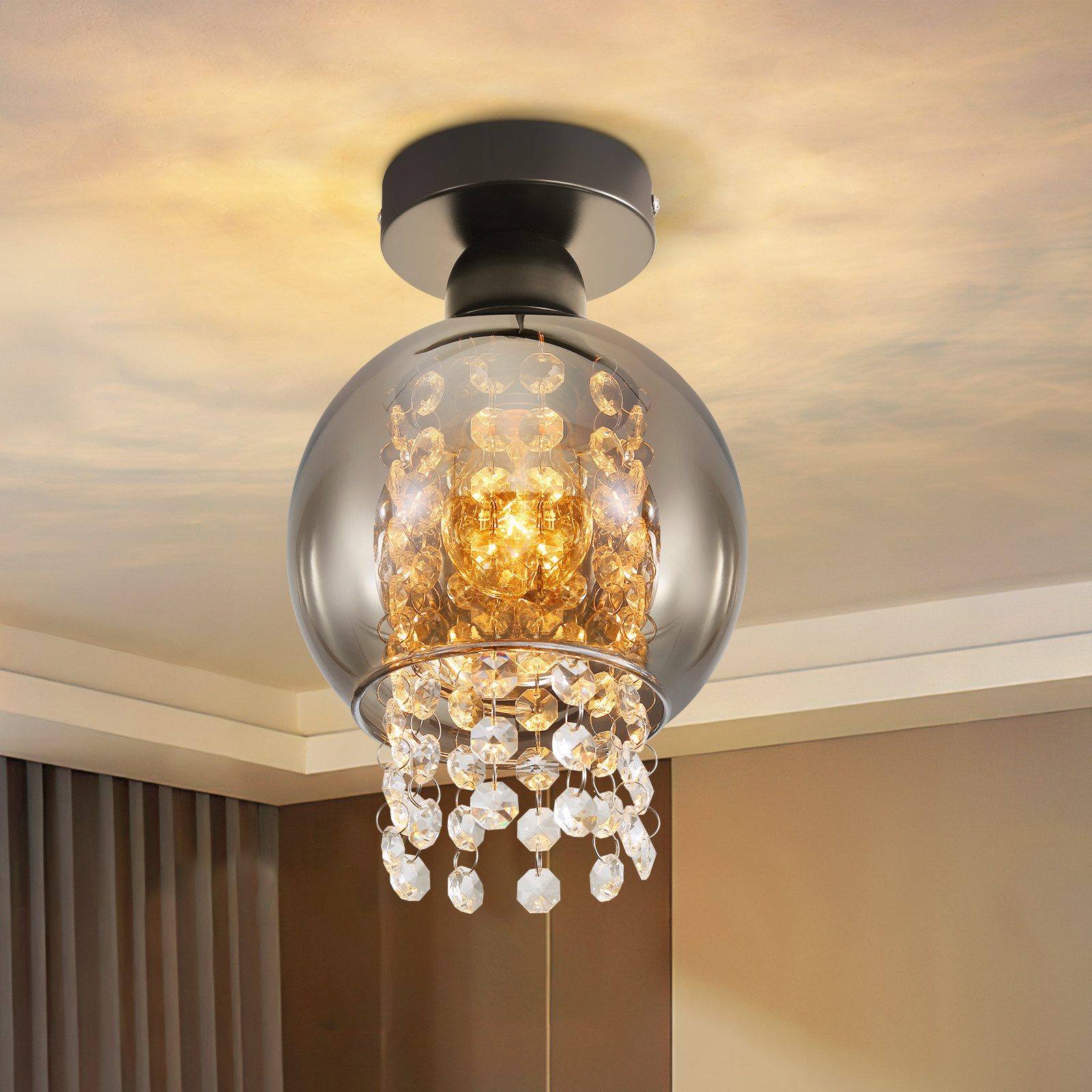 Nettlife Deckenleuchte Schlafzimmer E27 Rauchgrau Glas Kristall Modern Essz günstig online kaufen