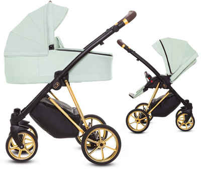 TPFLiving Kombi-Kinderwagen 2in1 Musse Ultra, Baby Buggy Babywanne 5-Punkt-Sicherheitsgurt, großes Zubehör-Set Kinderwagen 2 in 1 Stoff Mint, Gestell Gold