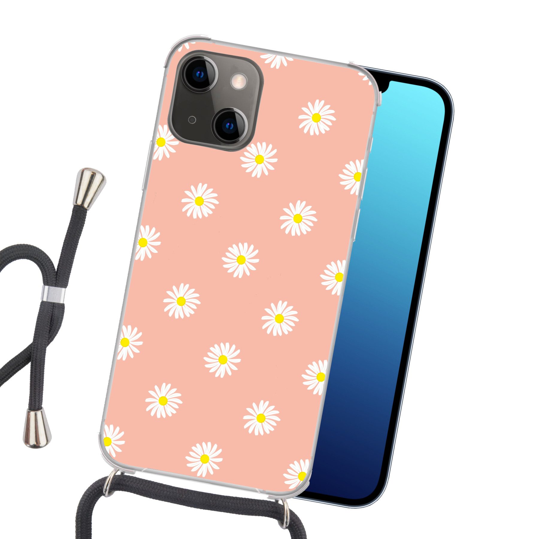 MuchoWow Handyhülle für Apple iPhone 13 Gänseblümchen - Pastell - Weiß - Rosa - Blumendruc, Tragbare Handyhüllen mit Kette zum umhängen, Handykette Handyband