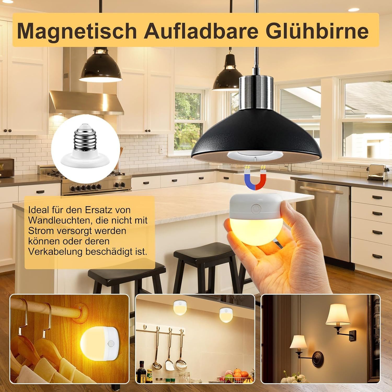 poweradd pro LED Unterbauleuchte – kabellos aufladbar & magnetisch montierbar, ohne feste Verkabelung, mit Fernbedienung, 3 Farbtemperaturen (3000K–6500K) & stufenlos dimmbar (15–100), auch als E27 Lichtquelle nutzbar, ideal für Schrank, Küche, Schlafzimmer & kleine Räume