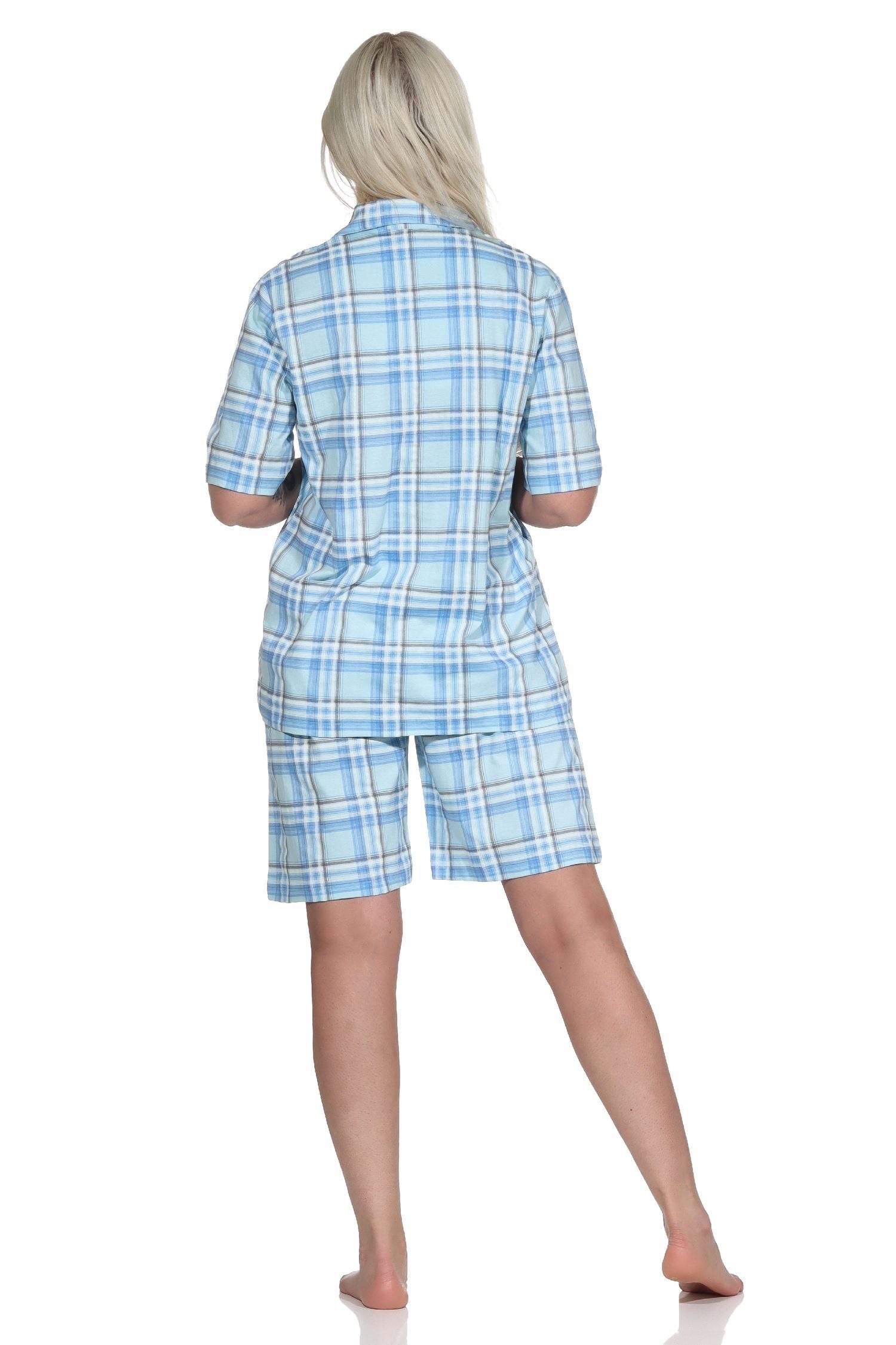Normann Pyjama Damen Pyjama Shorty aus Jersey durchknöpfen in zum kurzarm helltürkis Karo-Optik