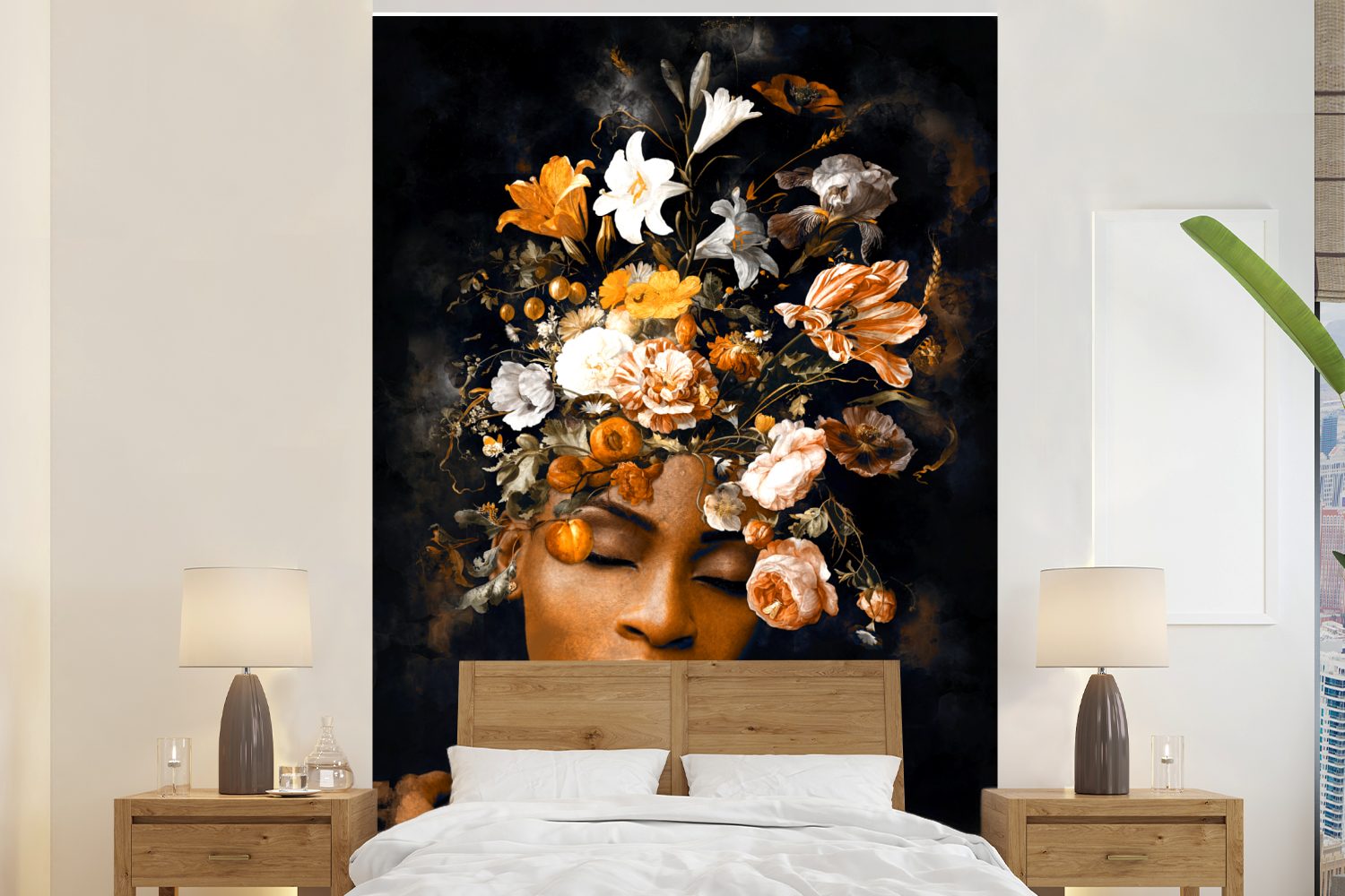MuchoWow Fototapete Blumen - Frau - Gold, Matt, bedruckt, Montagefertig Vinyl Tapete, Wandtapete, 145x220 cm