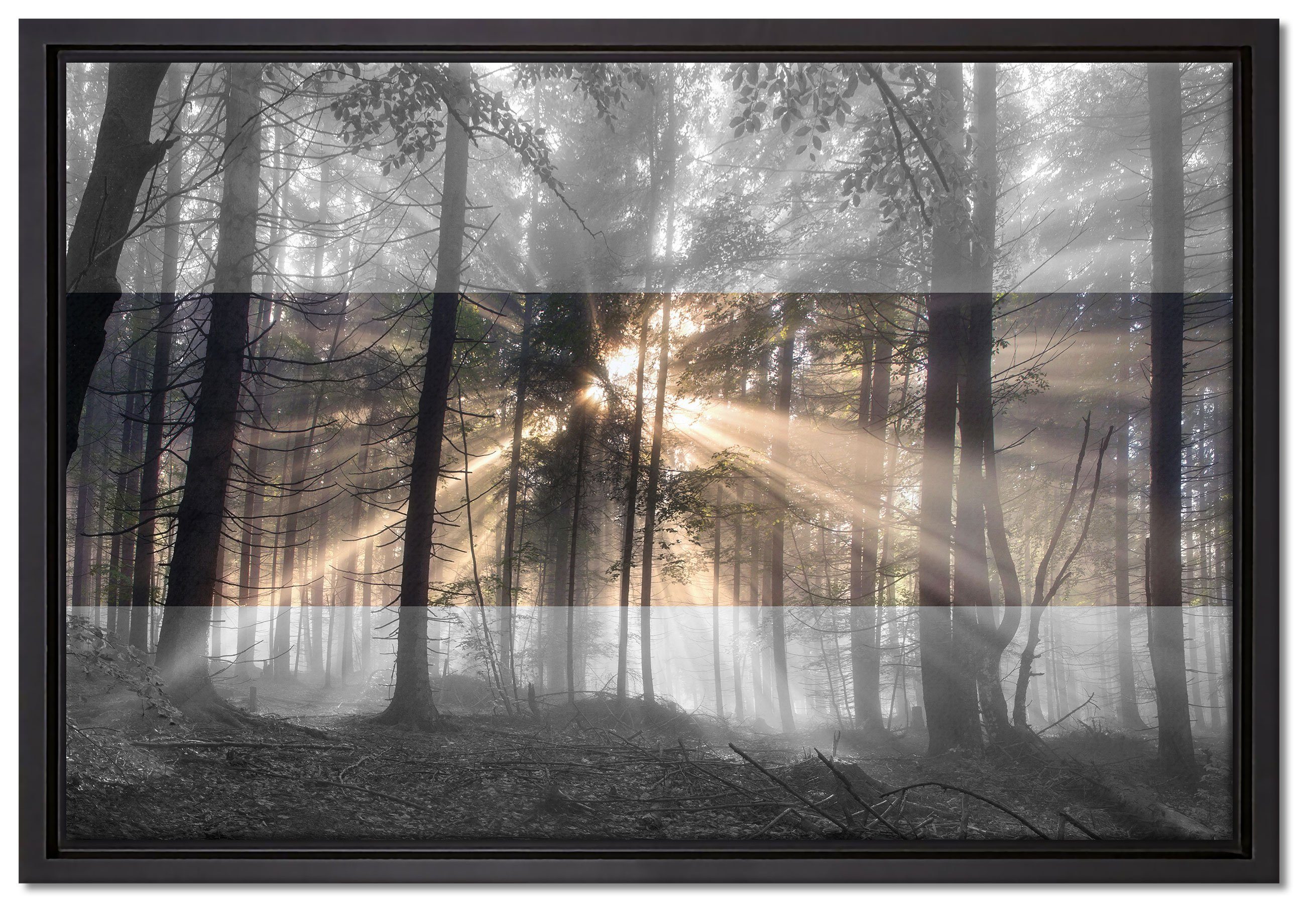 Pixxprint Leinwandbild Herbstwald im Nebel, Wanddekoration (1 St), Leinwandbild fertig bespannt, in einem Schattenfugen-Bilderrahmen gefasst, inkl. Zackenaufhänger