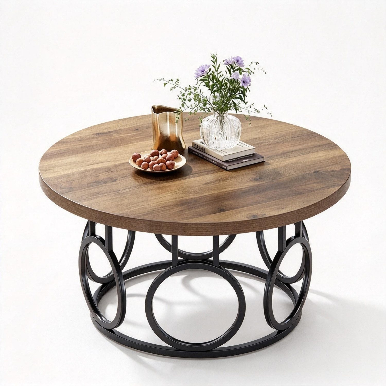 ANYSUN Couchtisch Runder Couchtisch in Vintage-Holzoptik mit schwarzem Metallgestell, Ø 80 cm, 45,5 cm hoch, mit Ringdesign und bis 68 kg belastbar