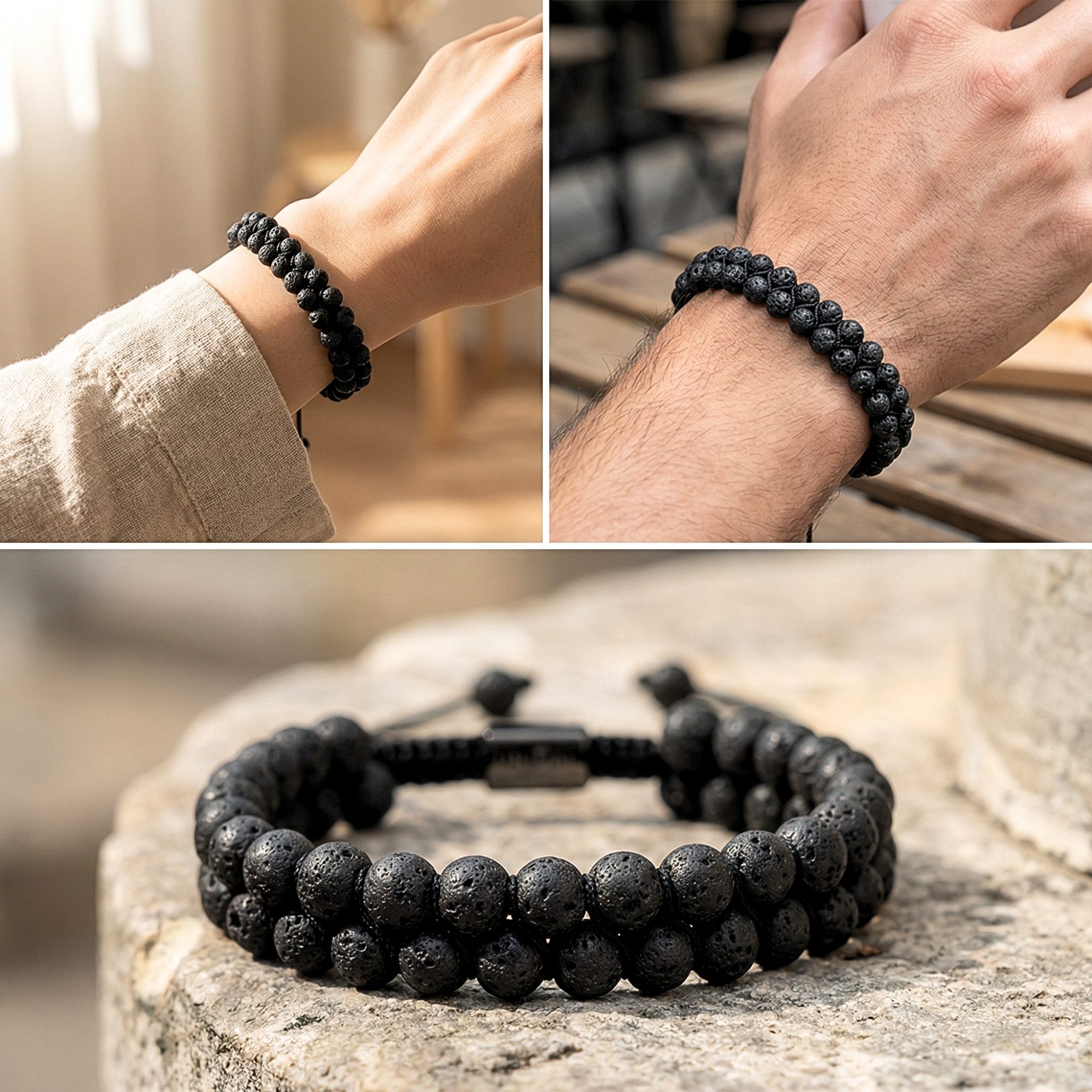 UNIQAL.de Perlenarmband aus Naturstein – zweireihig, 6 mm, Unisex (Edelstahl-Elemente, Naturstein-Perlen), verstellbarer Makramée-Verschluss, handgefertigt