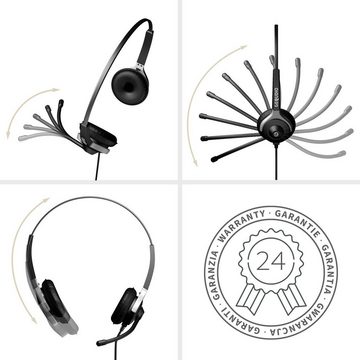 GEQUDIO für Mitel, Aastra, Fanvil, Polycom, Gigaset Telefone mit RJ-Anschluss Headset (2-Ohr-Headset, 80g leicht, Bügel aus Federstahl, mit Wechselverschluss für mehrere Endgeräte, inklusive Anschlusskabel)