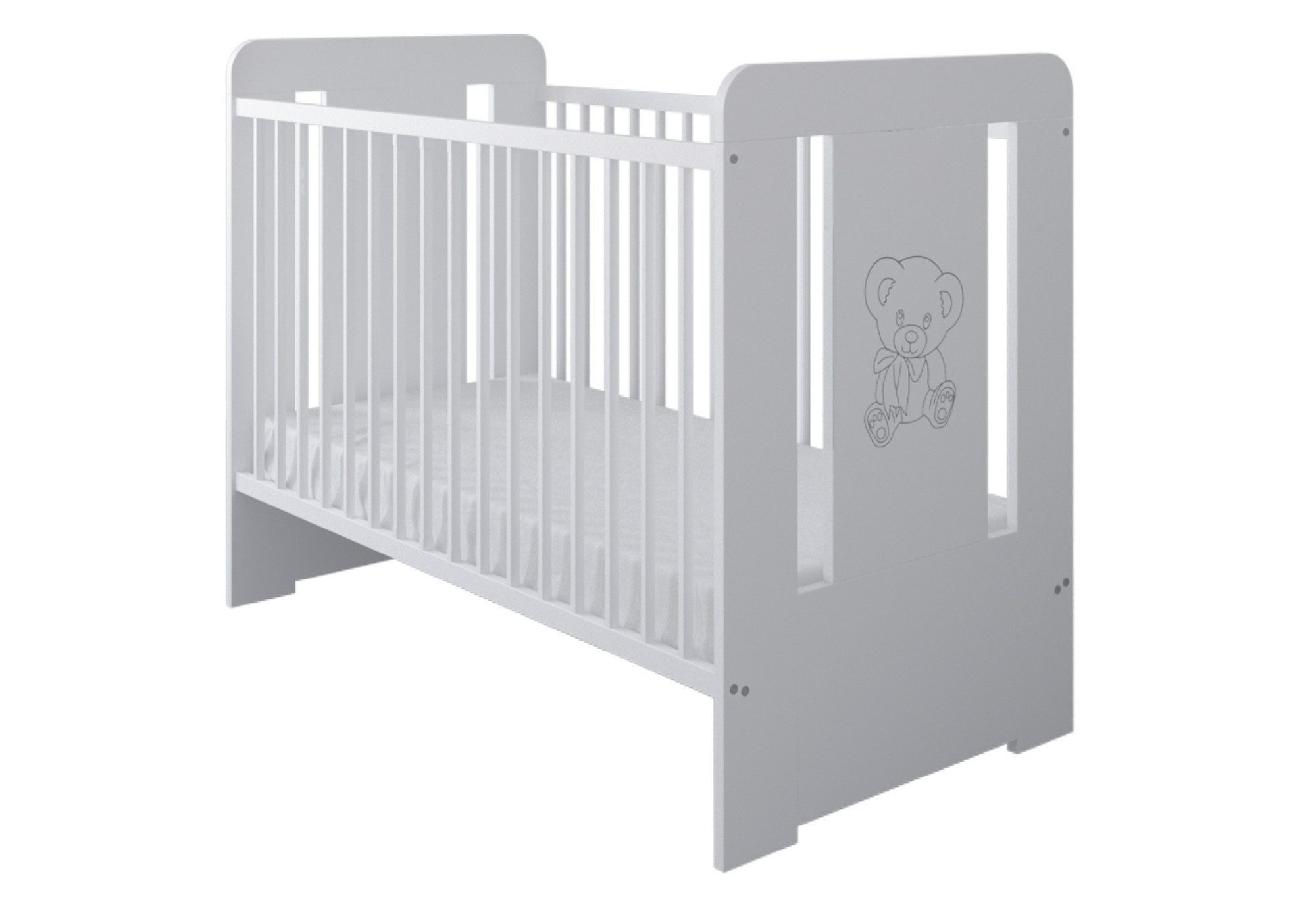 Kids Collective Babybett Gitterbett höhenverstellbar, herausnehmbare Sprossen, Teddybär Gravur 60x120 weiss Made in Europe, optional mit Matratze
